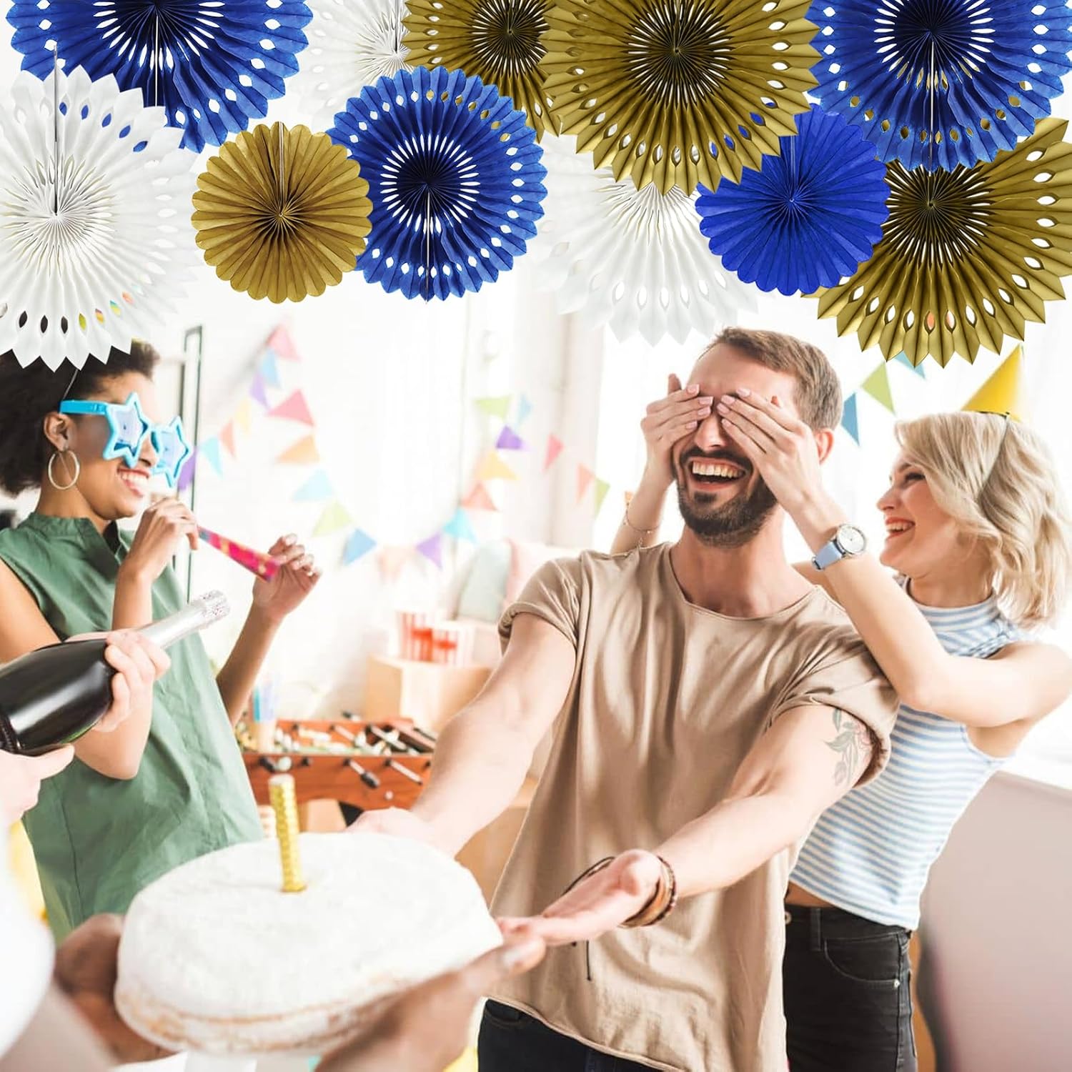 BEISHIDA Blue Gold White Hanging Honeycomb Round Paper Fans Decoration Set for New Year Baby Shower Birthday Wedding Bachelorette Photo Booth Backdrops Anniversary Paper Party Supplies（11packs）