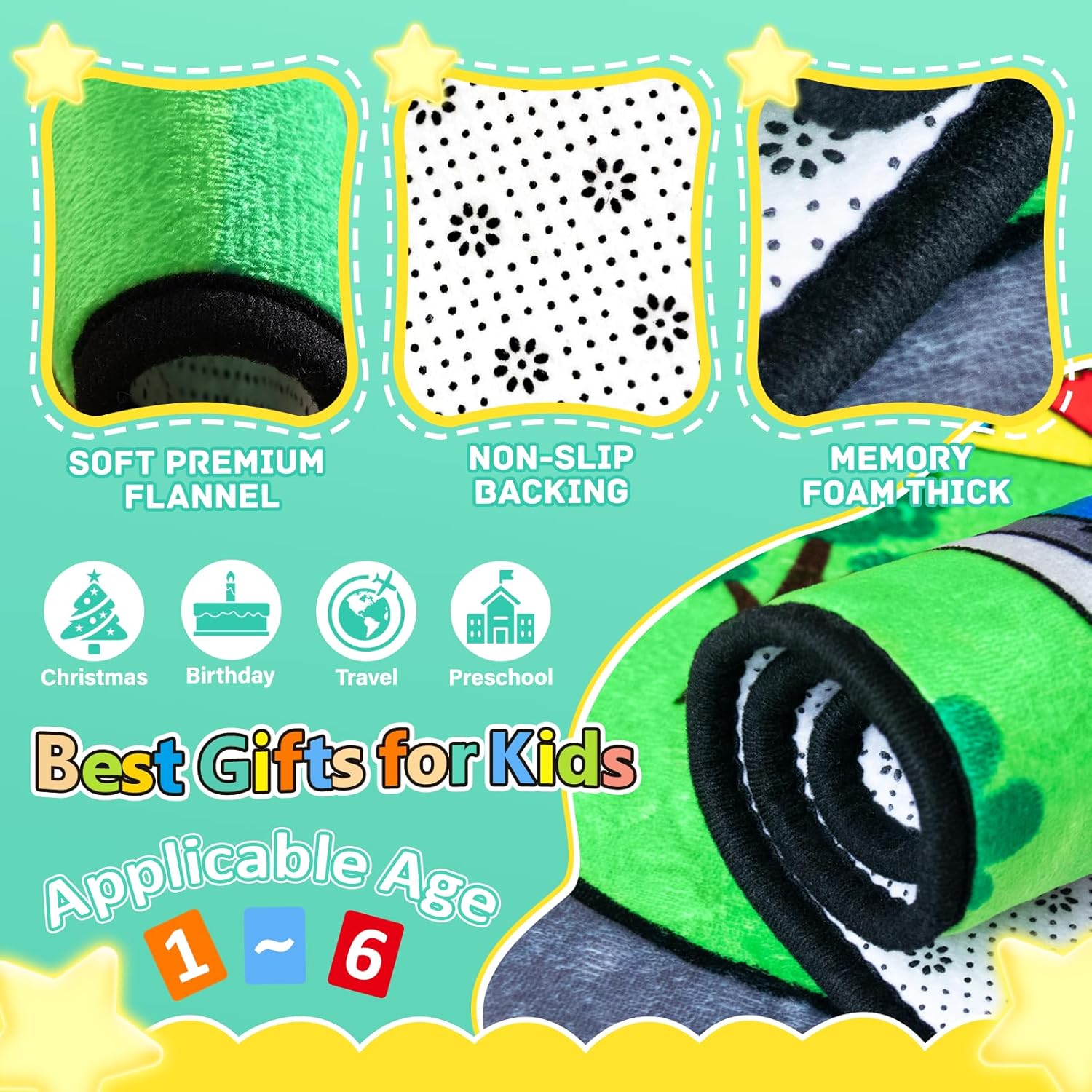 Kids Rug, Car Carpet for Kids' Toy Cars, 5x7 Ft Dinosaur Rug, Dino Safari Road Mat for Playroom, Educational Learning & Game Area Baby Play Mat Carpet for Children