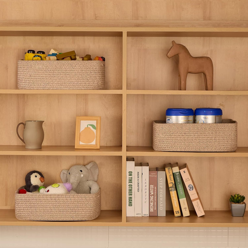 Large Shallow Organizing Baskets 15x11x5.1 Inches - Rope Woven Storage Bins for Bathroom, Shelves, Cube Closet, Mixed Brown 2 Packs