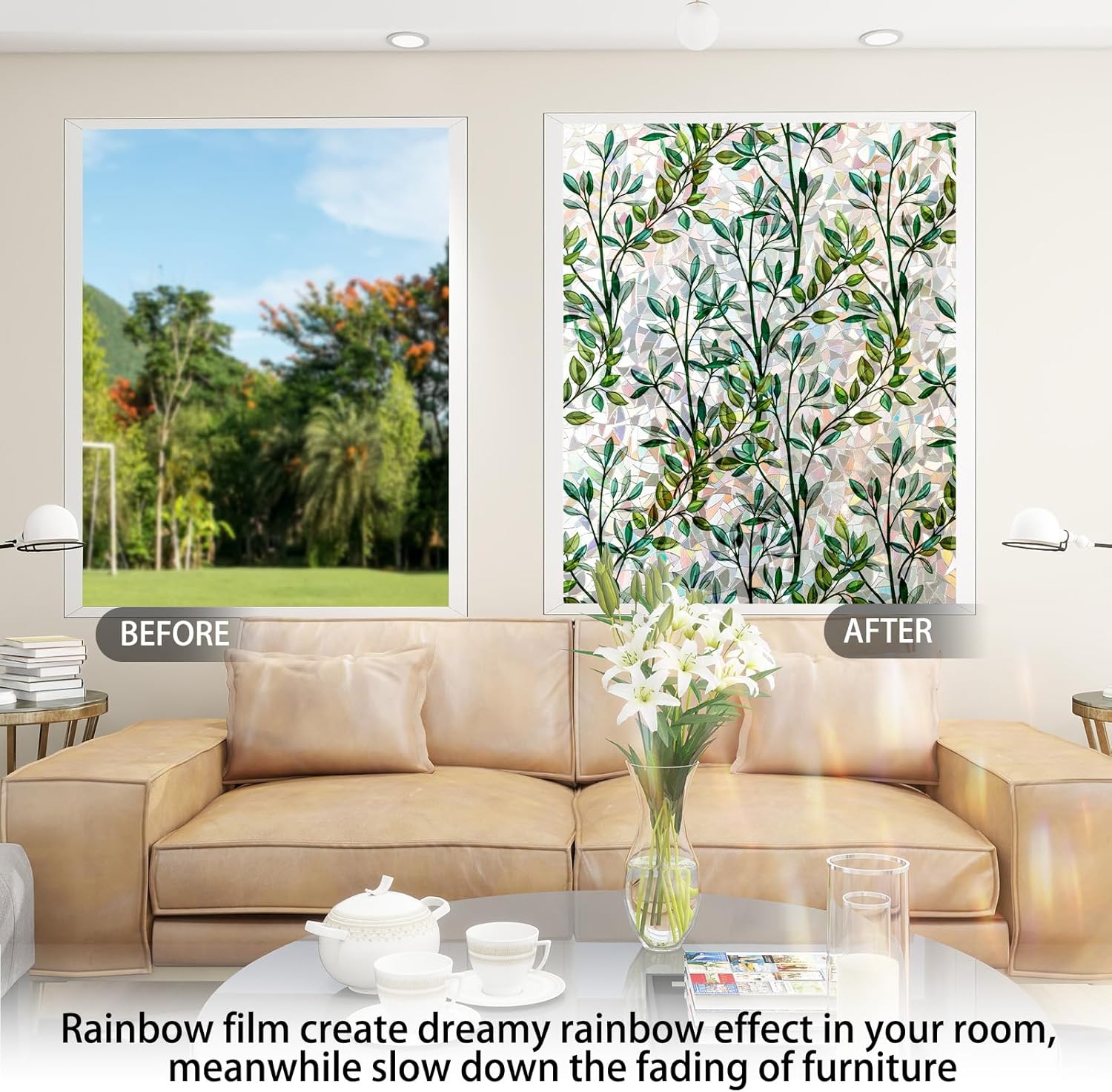 Rainbow Window Privacy Film 3D Leaf Decorative Stained Glass Window Film Anti UV Non-Adhesive Reusable 23.6" x 78.7" for Home Room Car Glass Cling