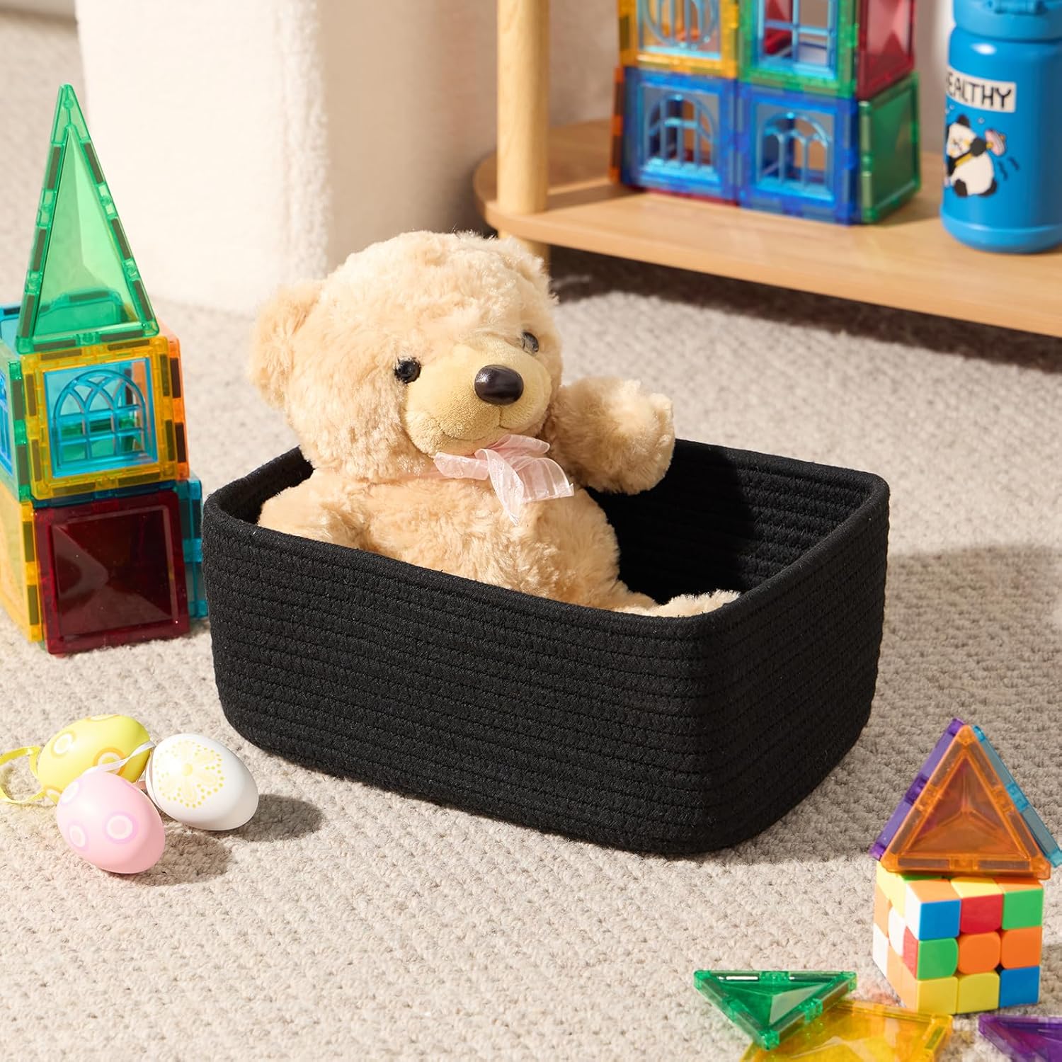 Small Storage Baskets for Organizing | Closet Organizer Bins | Shelf Toy Basket | Woven Rope Baskets | Cube Decorative Box | Shallow Basket | 11.5x7.5x4.7” | 3 Packs Black