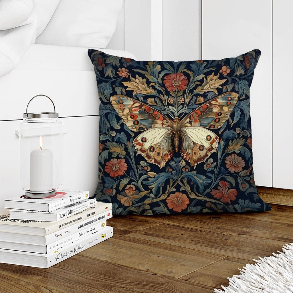 William Morris Abstract Vintage Floral Velvet Butterfly Design Throw Pillow Covers Home Decor, Retro Art Deco Pillowcase Cushion Cover for Bed Sofa Living Room, Square 18x18inch (Blue-Butterfly)