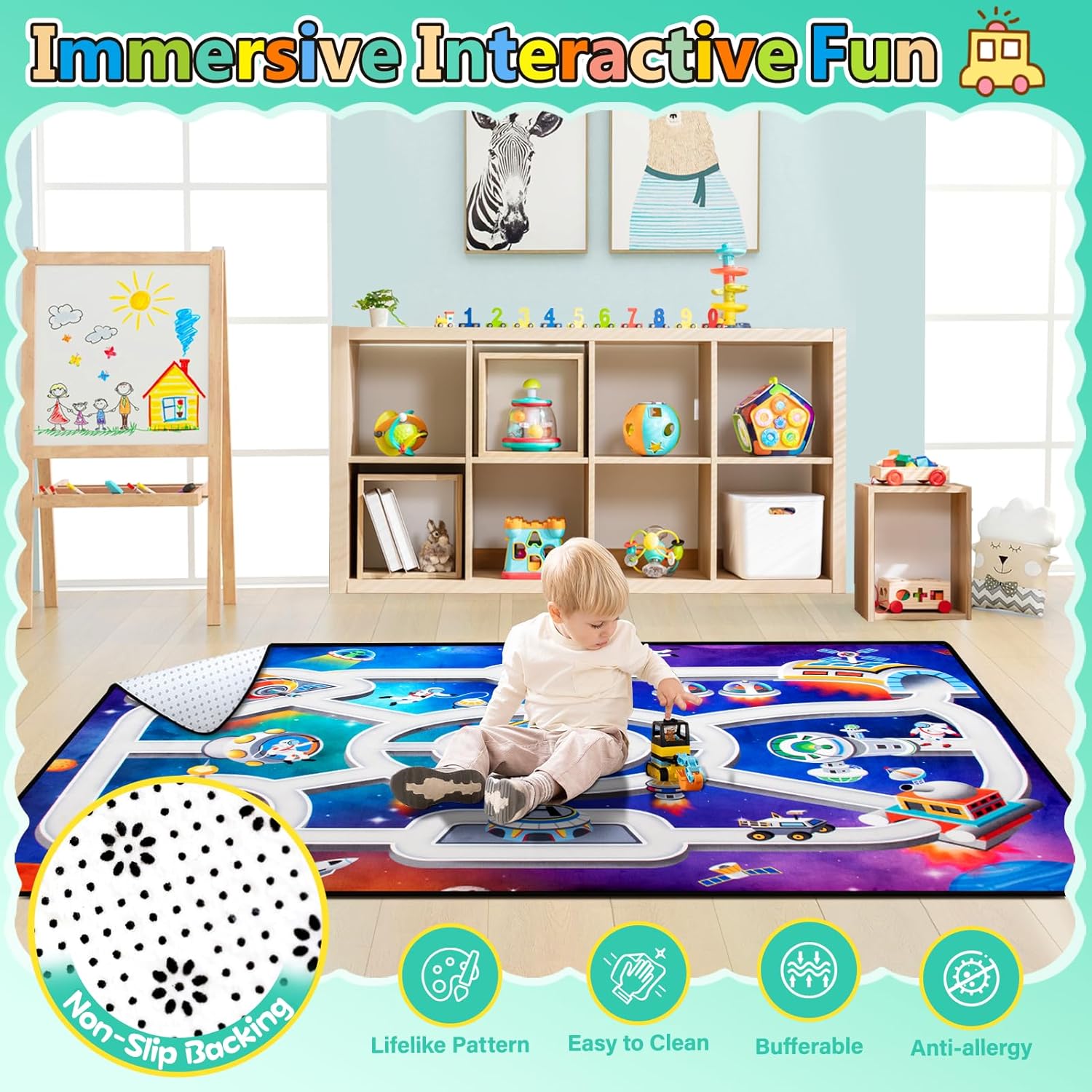Kids Rug, Space Themed Baby Play Mat, 5x7 Ft Playroom Rug, Colorful Cartoon Outer Space, Planet, Rocket, Spaceship Road Carpet for Playroom, Educational Learning Carpet for Kids Mat