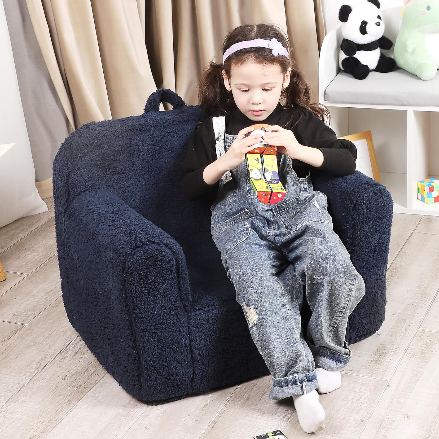 Kids Snuggly-Soft Sherpa Chair, Cuddly Toddler Foam Chair for Boys and Girls, Dark Blue