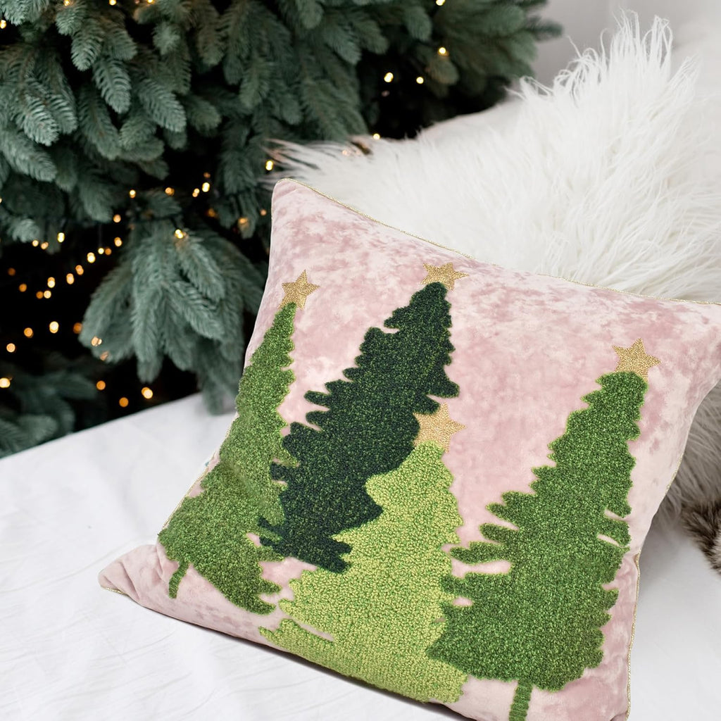 Christmas Tree Pillow Covers 18x18, Embroidered Throw Pillow Covers for Holiday Decorations, Pink Blush Green Velvet Cushion for Home Couch