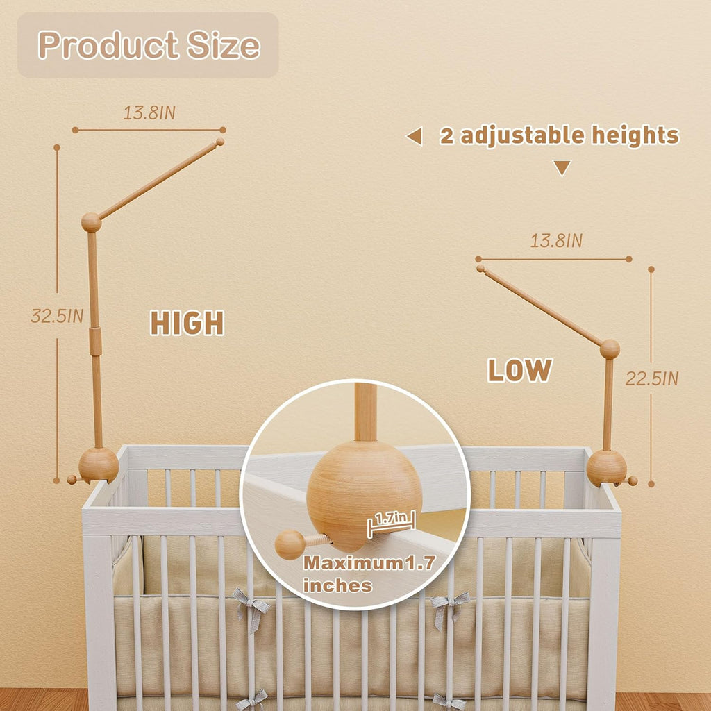 Baby Crib Mobile Arm,32.5 Inch Crib Mobile Stand,Wooden Mobile Arm for Crib（2 Modes, 360°Adjustable,100% Beech Wood Boy Girl Mobile Holder for Crib Nursery Decor Baby Mobile Hanger