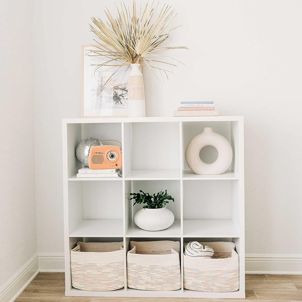 OrganiHaus Woven Storage Baskets for Organizing, Cotton Rope Organizer Bins for Shelves, Closet & Nursery, Dog Toy Basket, Decorative Bins for Toys, Towels & Books - 15x10x9, Rainbow Stitches