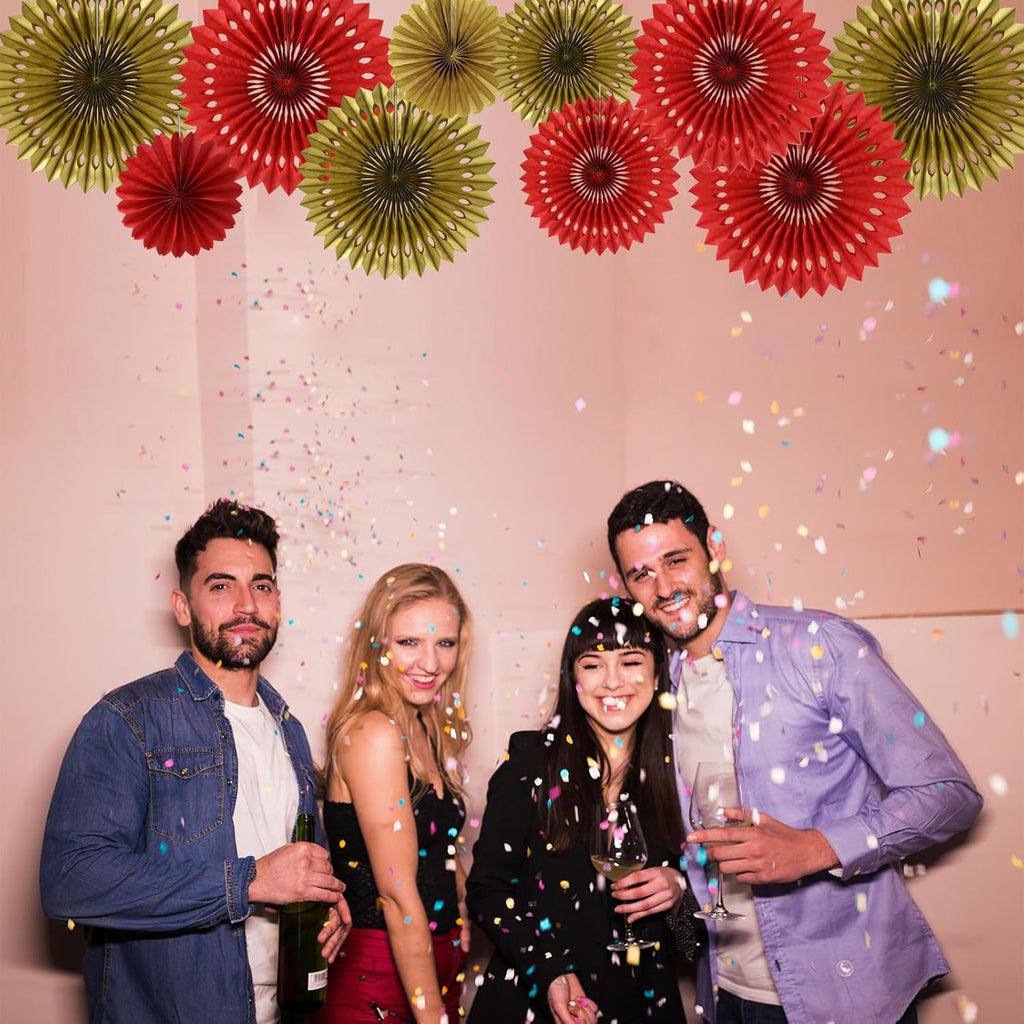 BEISHIDA Red Gold Hanging Honeycomb Round Paper Fans Decoration Wedding Theme Tissue Paper Fan Garland for Birthday Anniversary Bachelorette Graduation Party Christmas New Years Supplies（10packs）