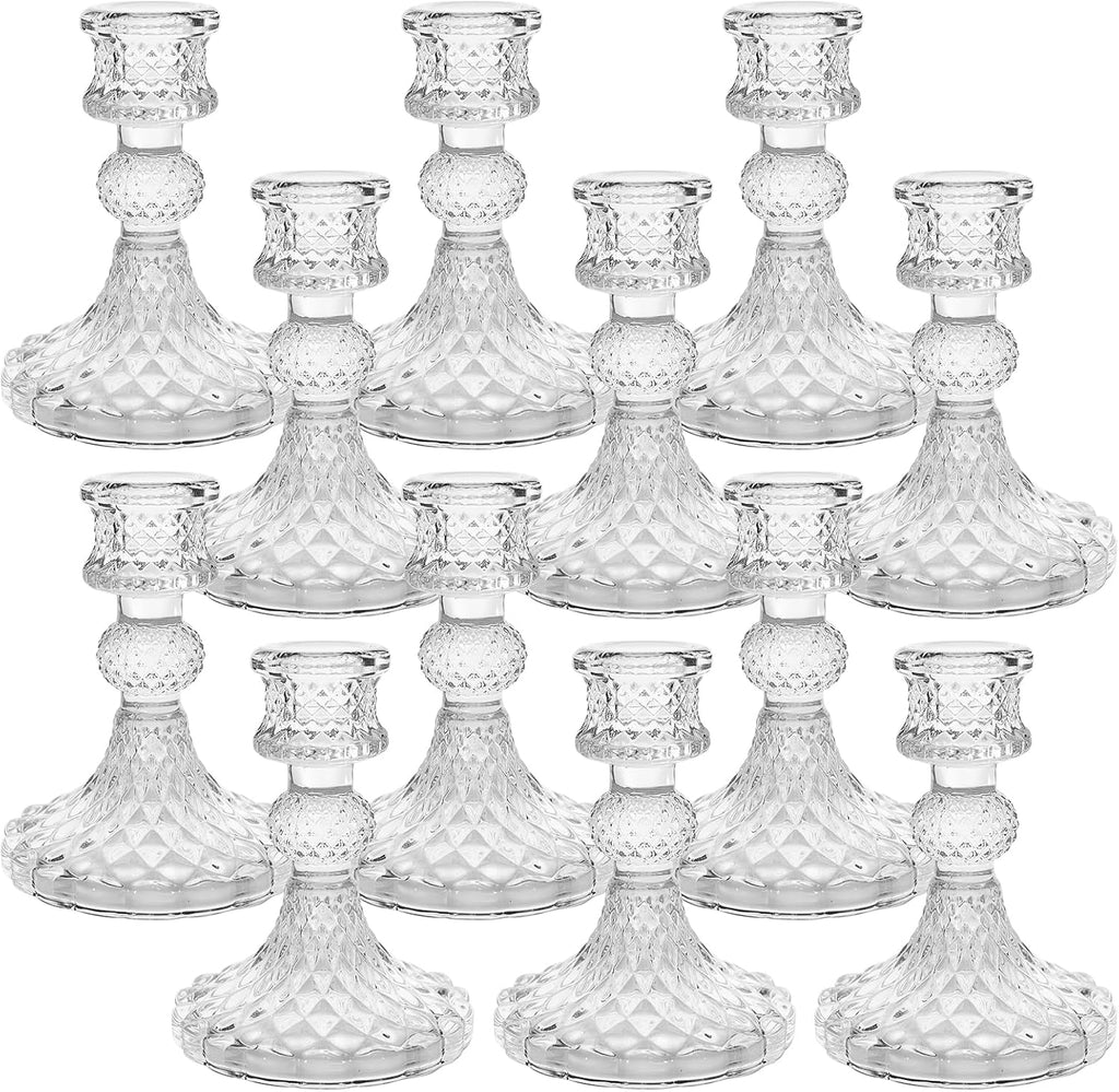 Candlestick Holders Set of 12-4" H Crystal Taper Candle Holders, Thick Glass Candle Stand with Diamond Pattern for Table, Wedding, Party, Church Decoration, Home Decor