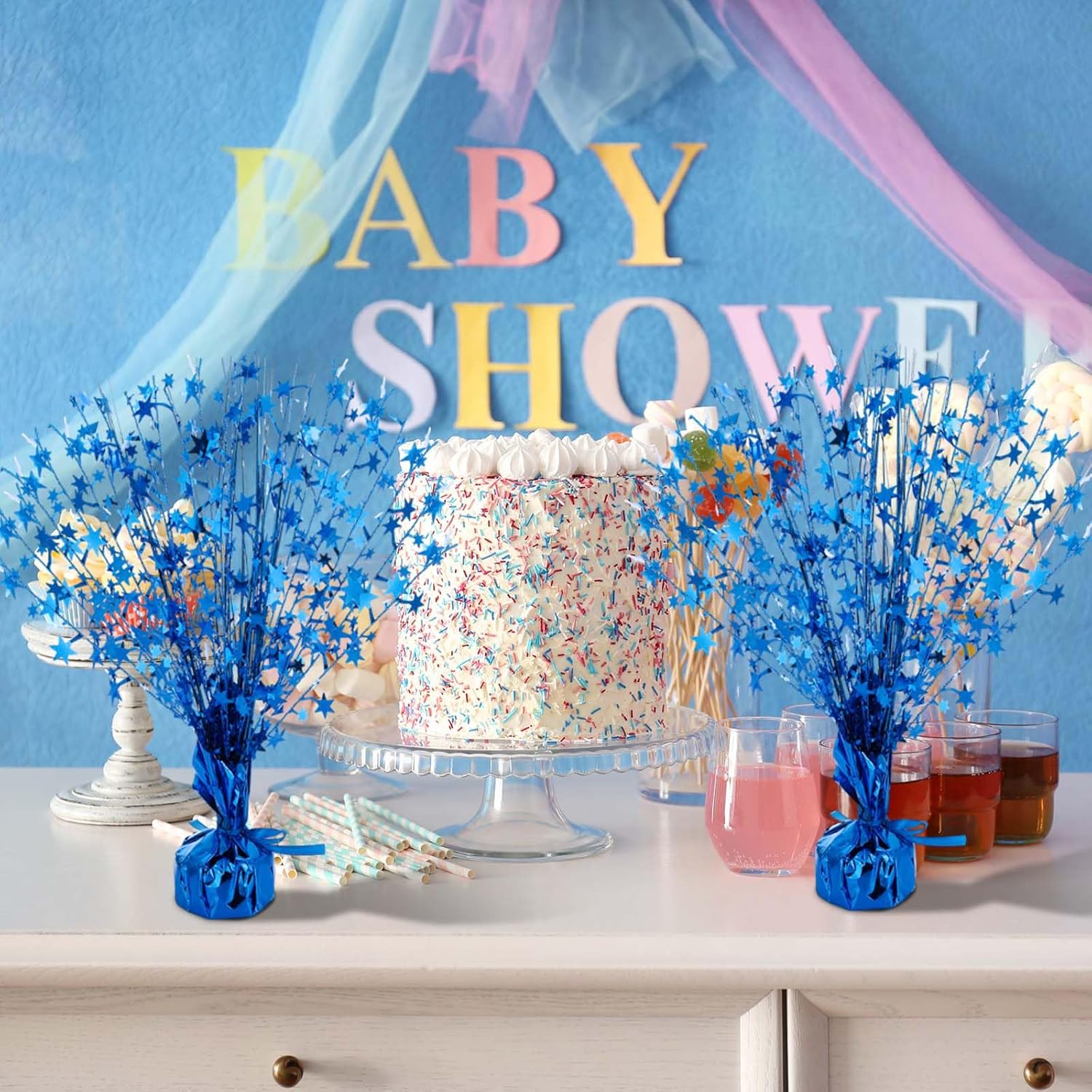 Crowye 18 Pieces Metallic Foil Spray Centerpiece Party Star Table Decoration Burst Metallic Table Centerpieces for Birthday Party Season Holiday(Blue)