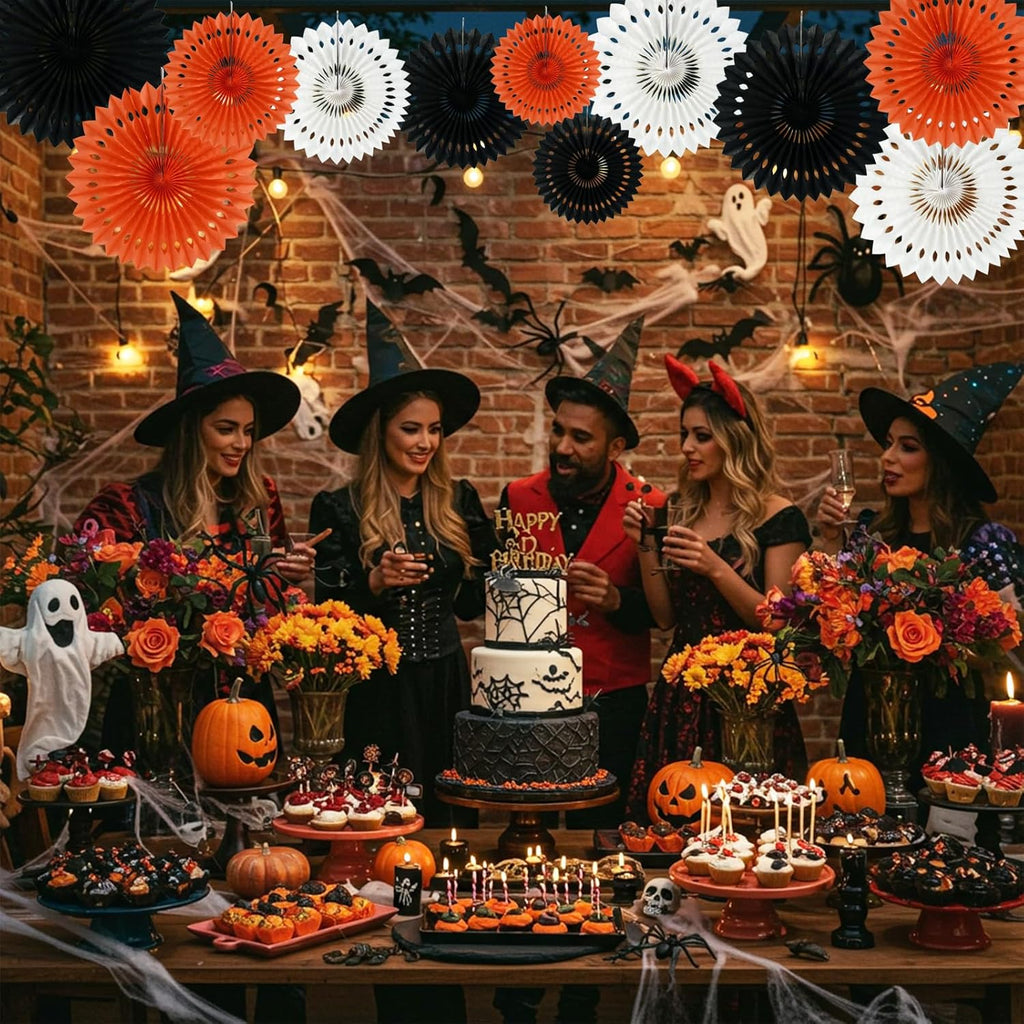 BEISHIDA Black Orange White Hanging Honeycomb Round Paper Fans Decoration Set for New Year Baby Shower Halloween Birthday Wedding Photo Booth Backdrops Anniversary Paper Party Supplies 11packs