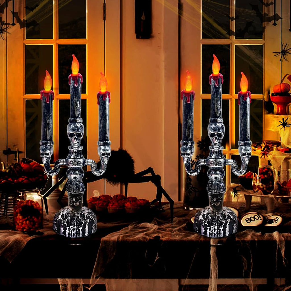 TURNMEON 2 PCS Skull Halloween Candles Lamp,Halloween Decorations Indoor 3-Candles Candelabra LED Lights Battery Operated Candles Holder, Halloween Decor for Home Table Party Room Scary Haunted House