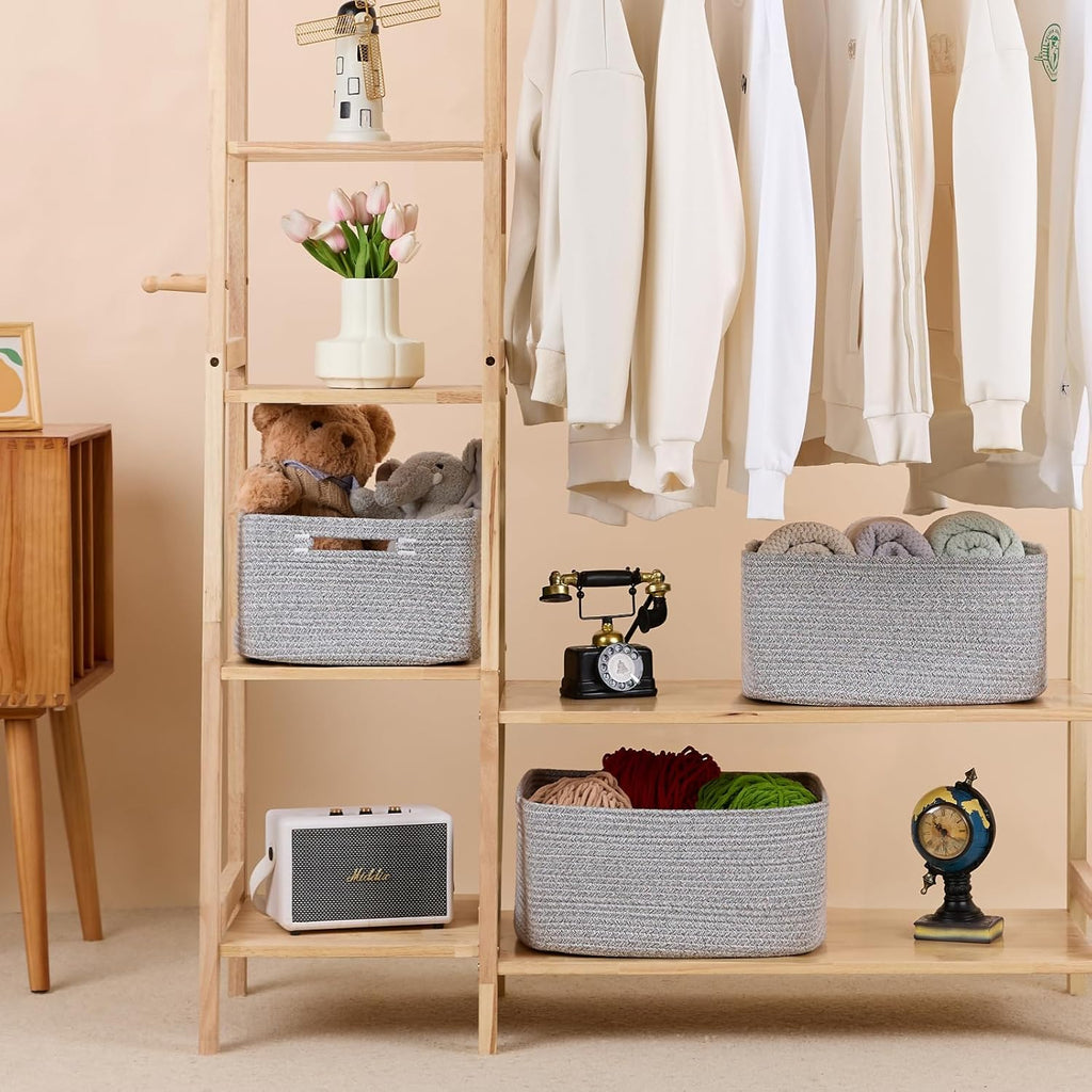 Large Storage Baskets for Organizing, Closet Shelf Baskets for Clothes Blanket Towels, Baby Nursery, Toy Bins Box, Woven Rope Baskets, 17 x 13 x 7.5”, 4 Packs Mixed Grey