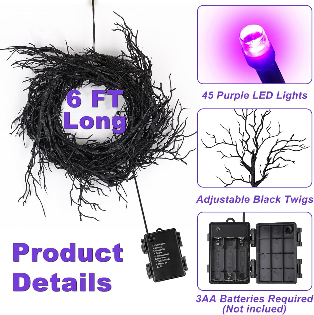 6 Ft 45 LED Willow Vine Twig Decor Black Halloween Garland with Purple Lights, Timer 8 Modes Waterproof Battery Operated Indoor Halloween Decorations for Wall Fireplace Mantle Home Office Party Decor