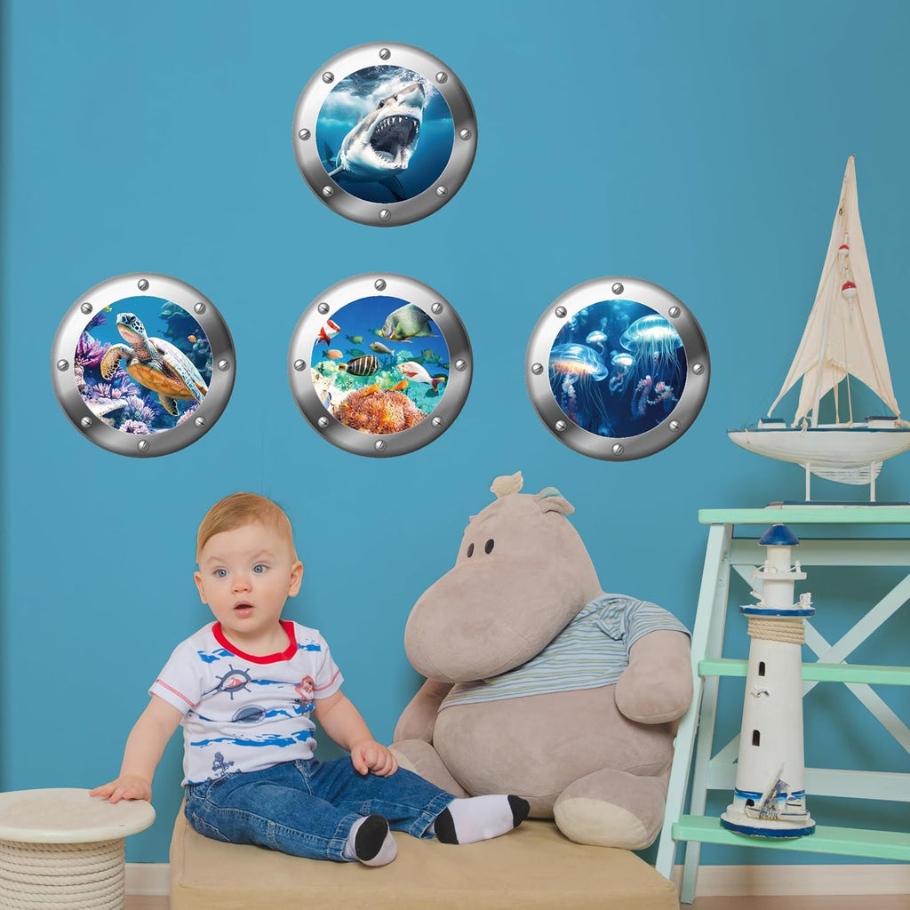 3D Ocean Animals World Wall Stickers Glow in The Dark, 4 Pcs Sharks Turtles Jellyfishs Removable Decals for Kids, Vinyl Stickers for Ceiling (Blue)