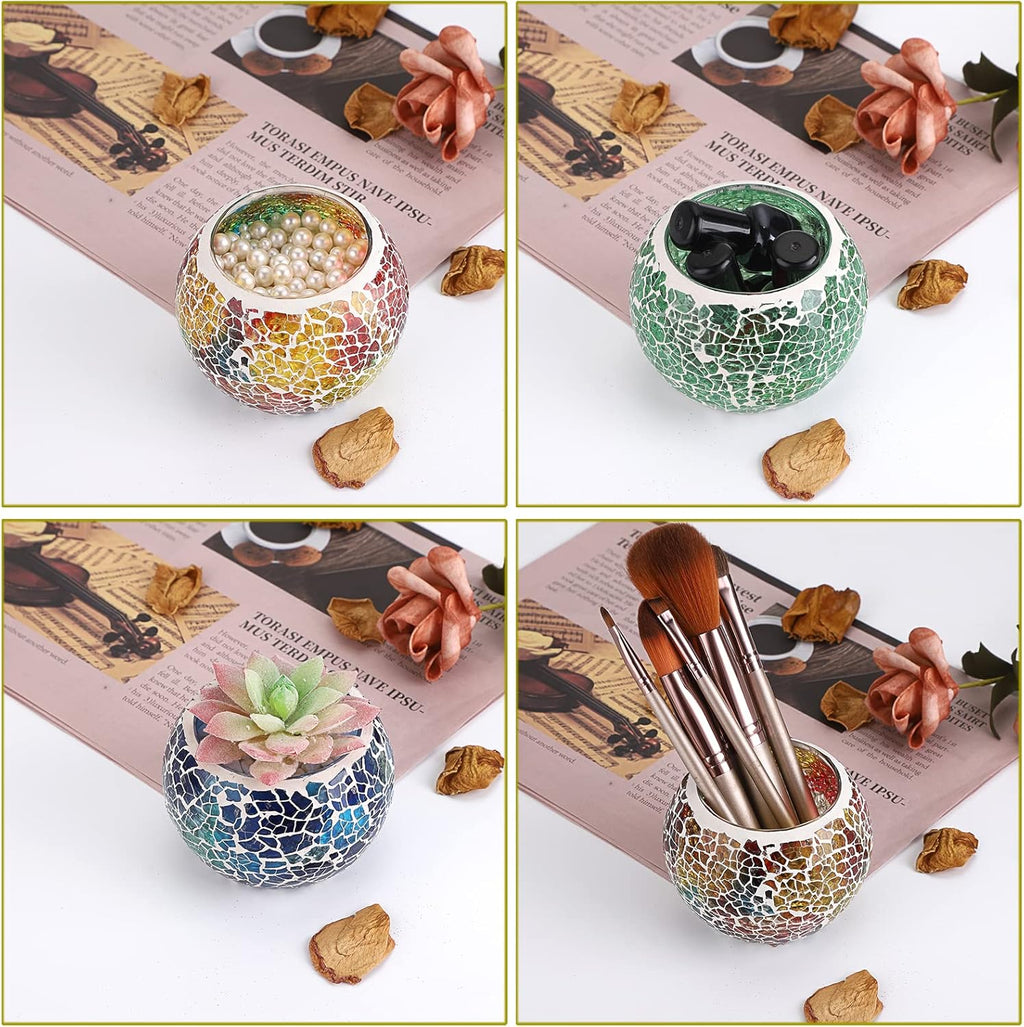 OwnMy 6PCS Mosaic Glass Tealight Holders: Round Votive Candle Holders & Stands for Table Centerpieces, Multicolor Glass Mosaic Tealight Holders, Small Potted Plant Bowl Candle Vases