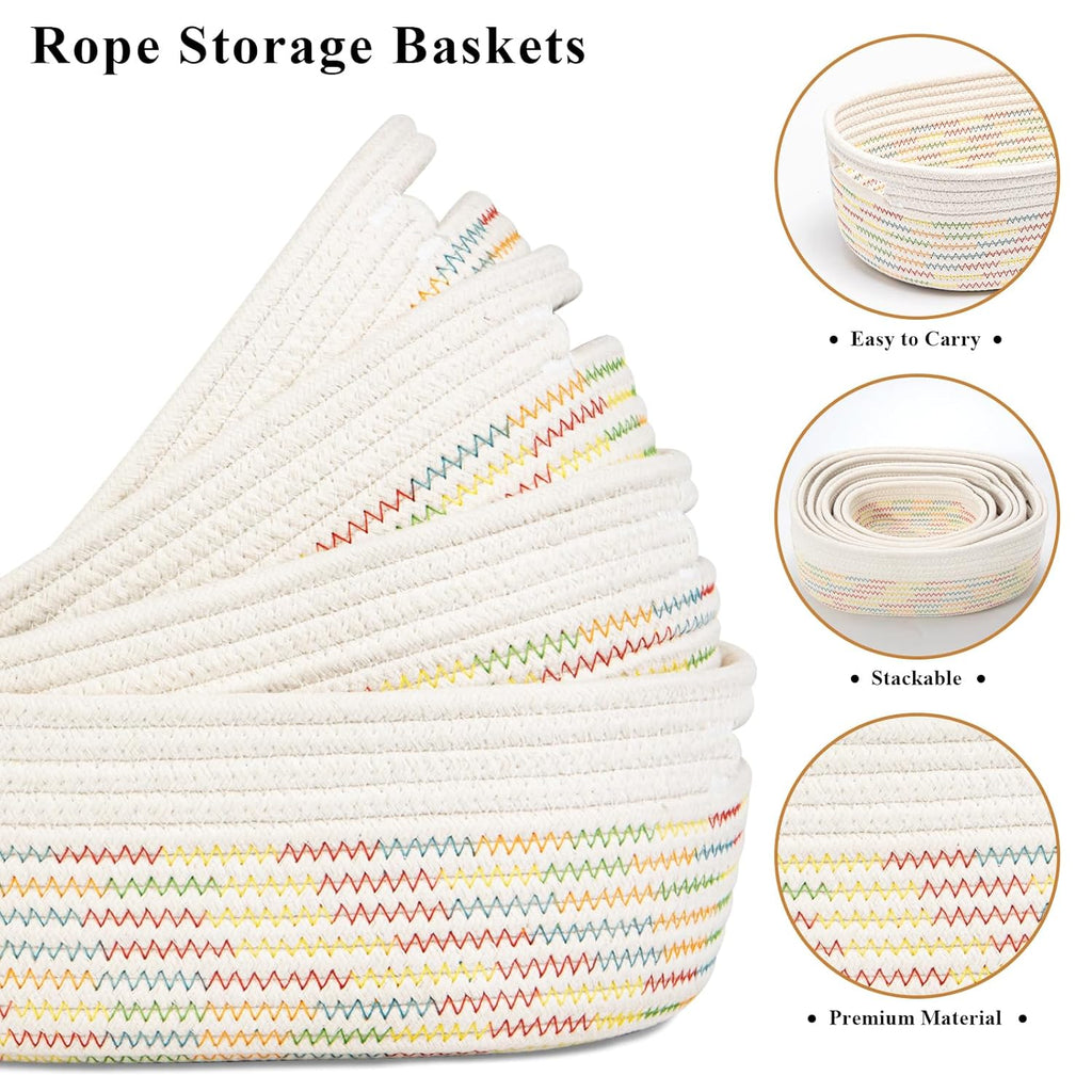 7 Piece Cotton Rope Woven Basket Set - Small Basket for Baby Nursery, Pets, Montessori, Dog & Cat Toy Boxes, Bathroom Organization Bins (White/Rainbow Stitching)