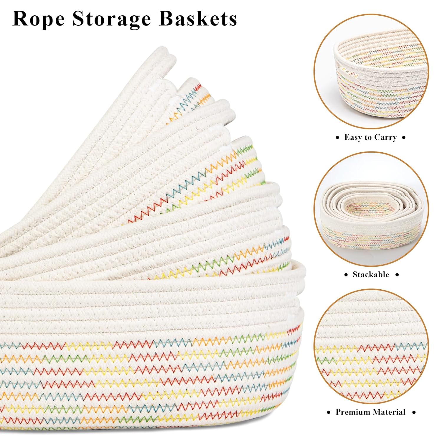 7 Piece Cotton Rope Woven Basket Set - Small Basket for Baby Nursery, Pets, Montessori, Dog & Cat Toy Boxes, Bathroom Organization Bins (White/Rainbow Stitching)