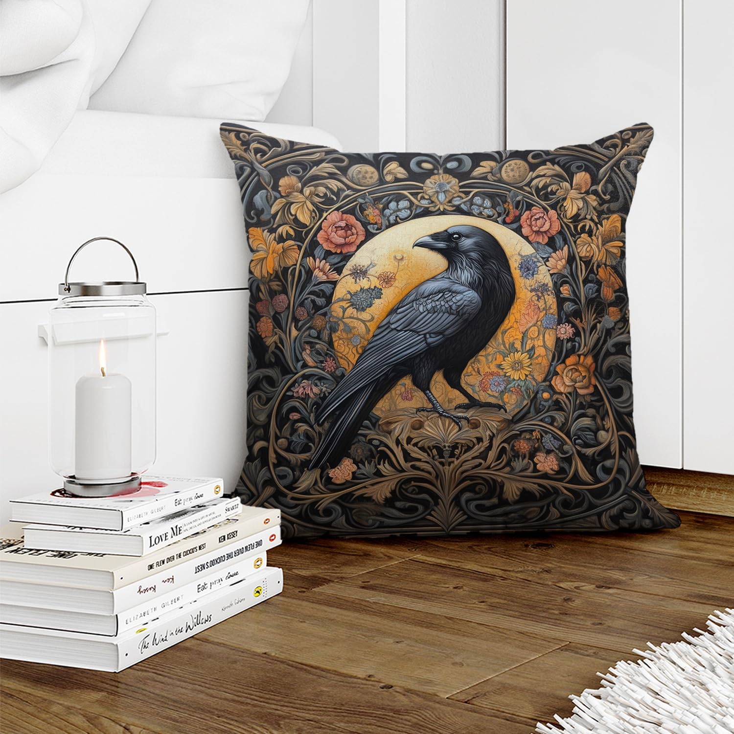 William Morris Abstract Vintage Floral Velvet Black Crow Design Throw Pillow Covers Home Decor, Retro Art Deco Pillowcase Cushion Cover for Bed Sofa Living Room, Square 18x18inch (Black-Crow)