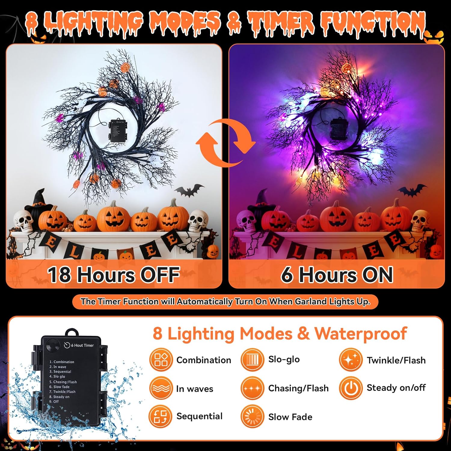 [8 Modes&Timer] 6Ft 45LED Halloween Willow Vine Twig Garland with Orange Lights - Battery Operated, Waterproof Halloween Decor for Indoor Wall, Fireplace Mantle, Home Party (Pumpkins&Bats&Ghosts, 6FT)