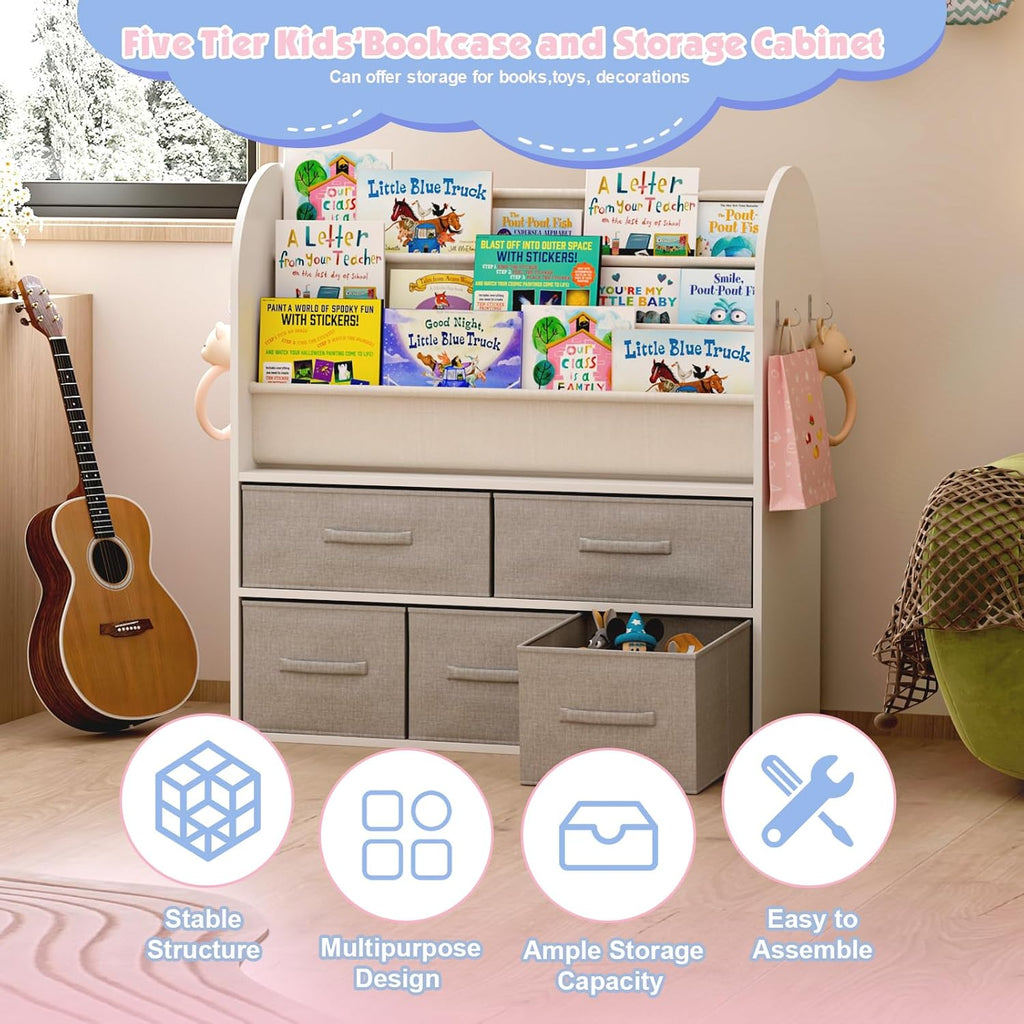 NACHES Kids Bookshelf and Toy Storage Bins, Children Bookcase Toddler Book Display Cabinet with 5 Toy Organizer Boxes for Playroom,Reading Room,Toddler Room,Nursery,Classroom