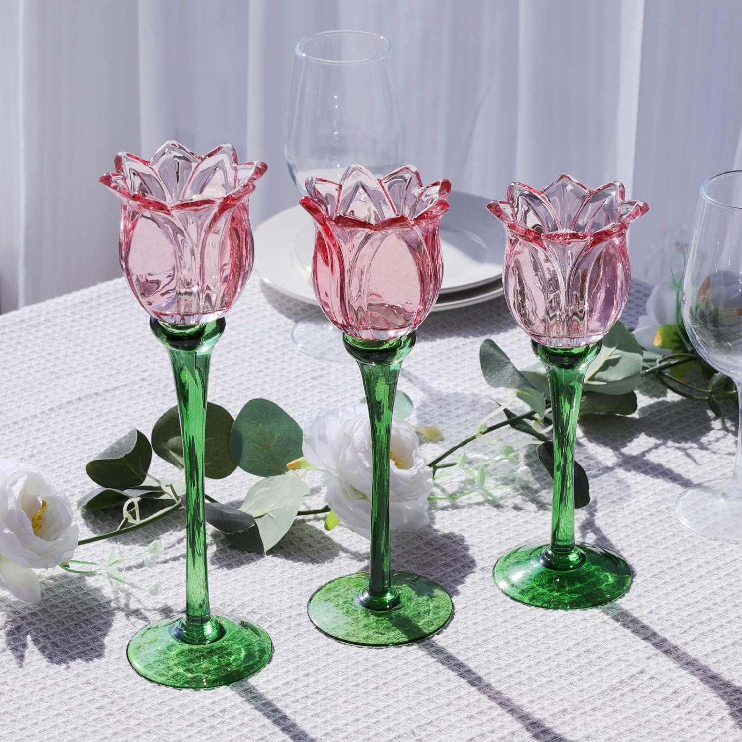 VOHO Pink Tulips Candle Holder, Romantic Pink Flower Votive Candle Holders for Wedding Bridal Shower Decorations, Tall Tealight Candle Holder Decor for Centerpiece Table(Set of3)