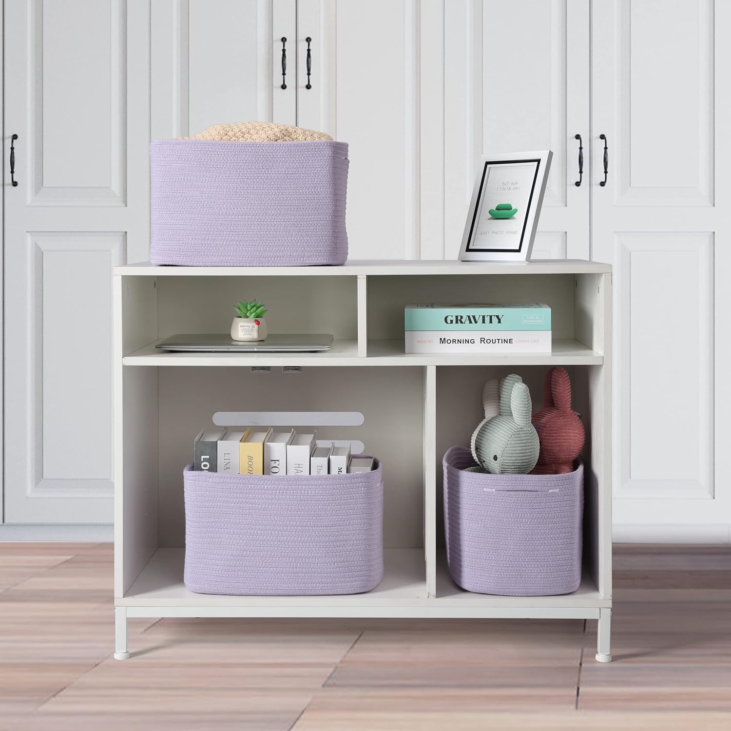 Cotton Rope storage Basket Bins Woven Basket for Organizing Shelves Rectangle Decorative Baskets For storage Clothes Toys Books Towels Square Wicker Nursery basket organizer 3 pack purple lavender