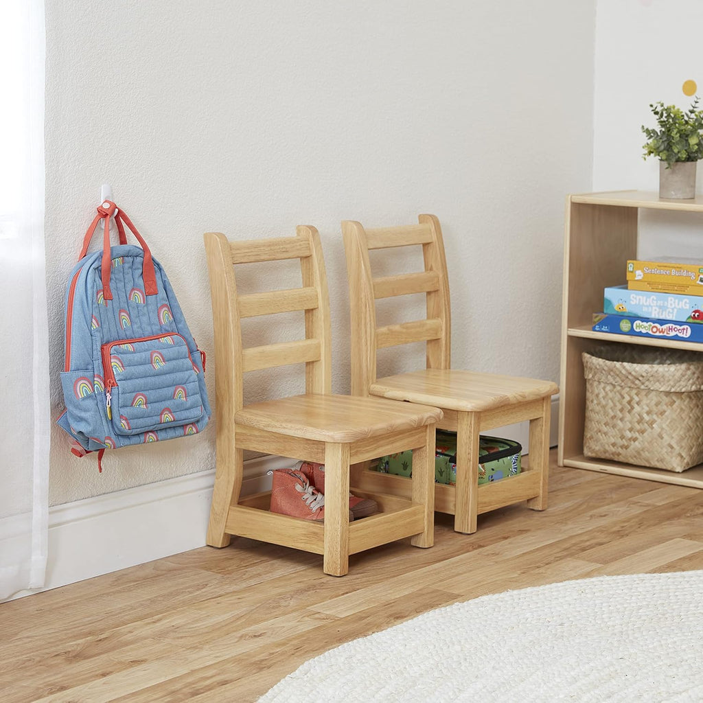 ECR4Kids Three Rung Ladderback Chair with Storage, 10in Seat Height , Classroom Seating, Honey, 2-Pack