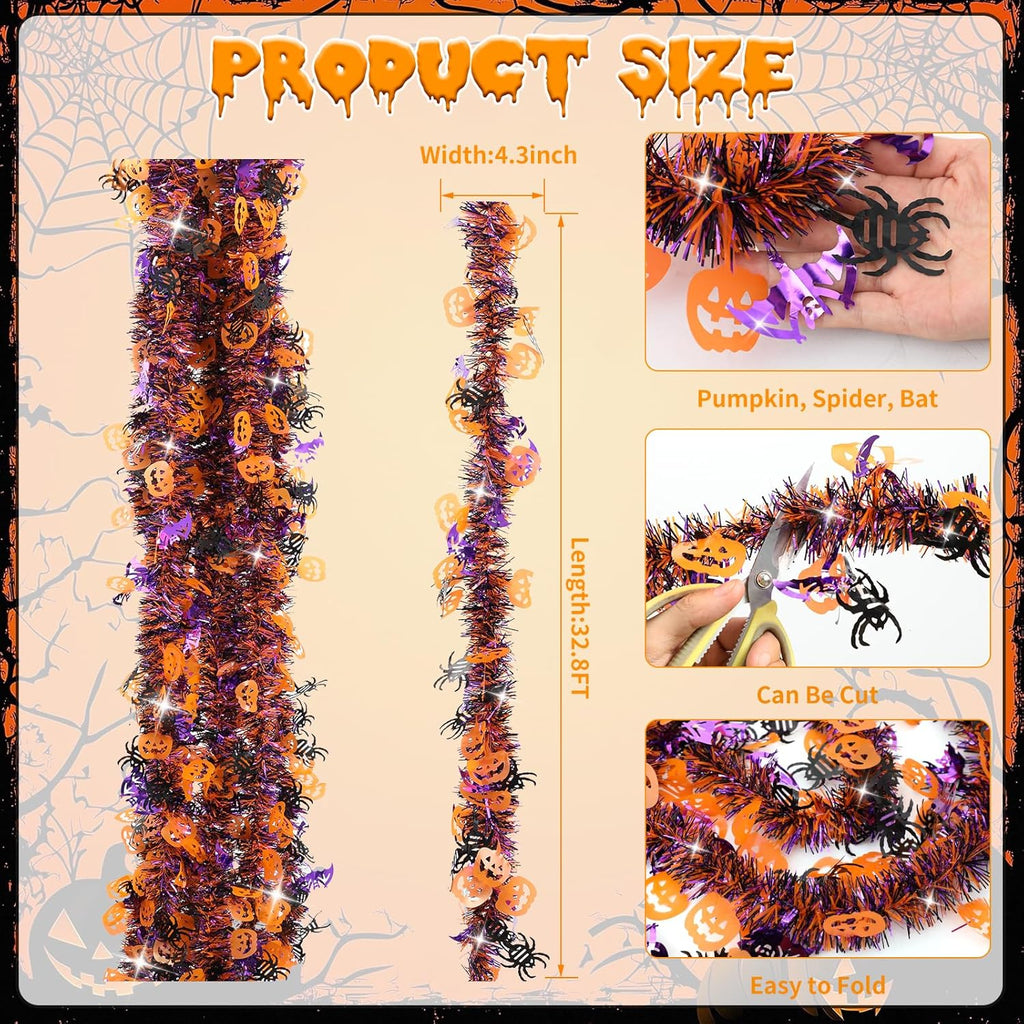 33 FT Halloween Tinsel Garland Decorations,Orange Purple Black Halloween Garland with Pumpkins, Bat, Spider Shiny Metallic Garlands for Indoor Outdoor Decorations