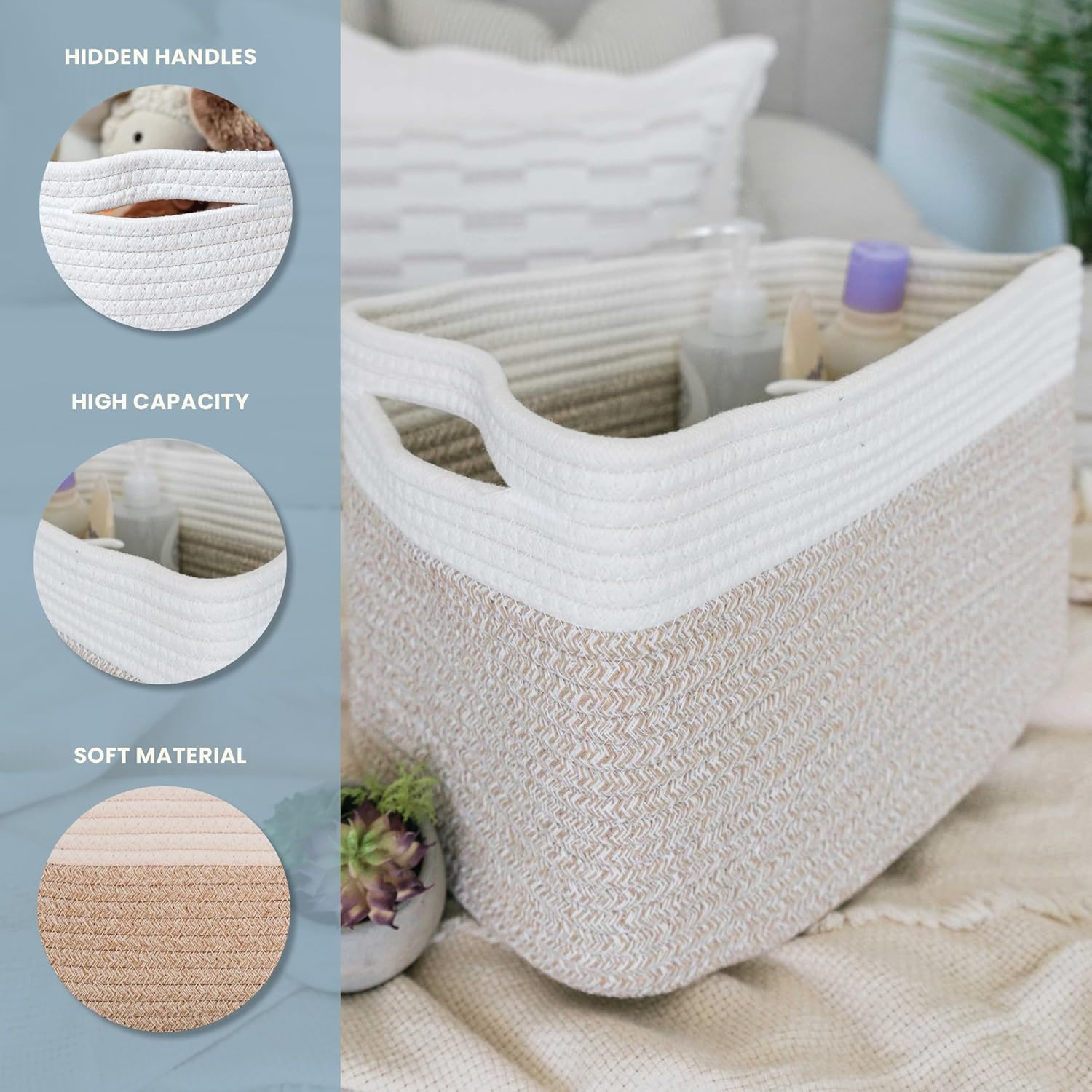OrganiHaus Woven Storage Baskets for Organizing, Cotton Rope Organizer Bins for Shelves, Closet & Nursery, Dog Toy Basket, Decorative Bins for Toys, Towels & Books - 15x10x9, Light Honey