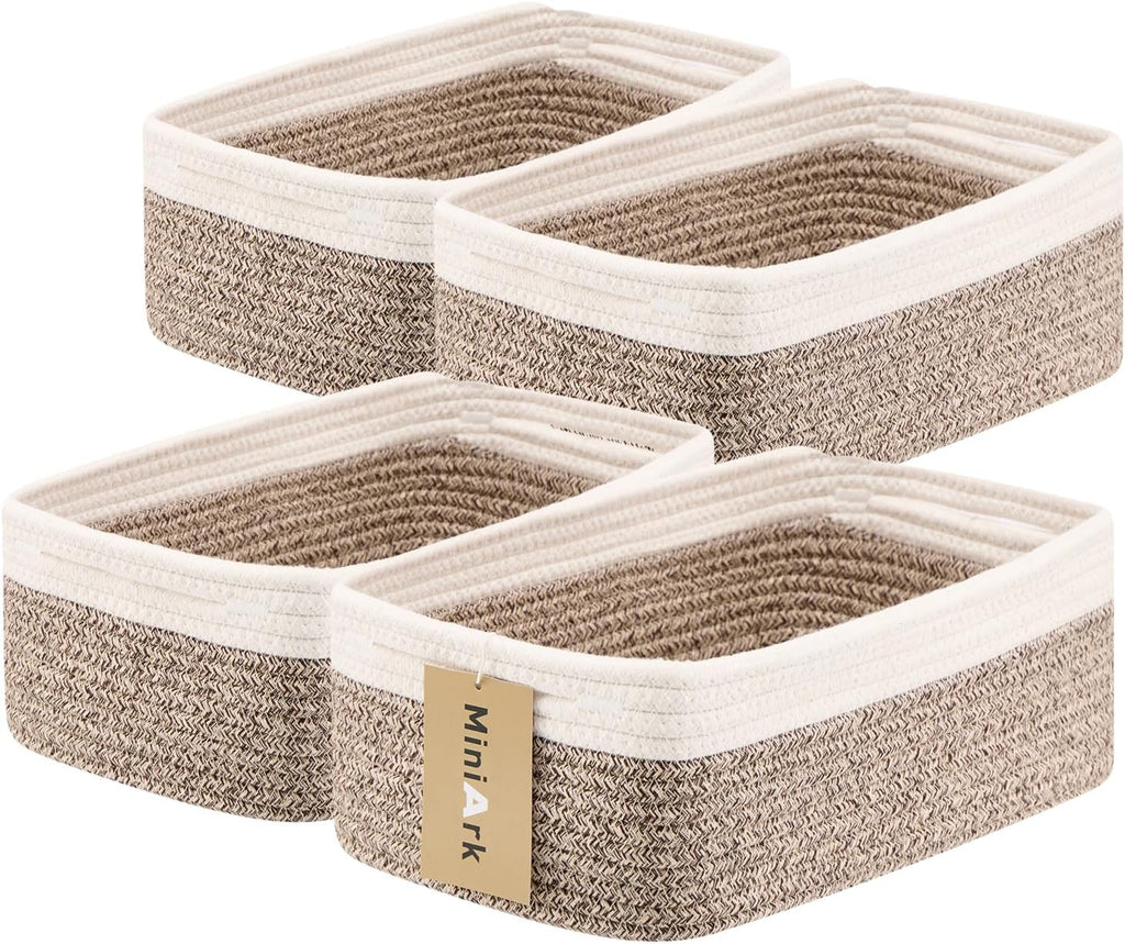 Small Storage Baskets for Organizing | Closet Organizer Bins | Shelf Toy Basket | Woven Rope Baskets | Cube Decorative Box | Shallow Basket | 13x8.5x5.1” | 4 Packs White Brown