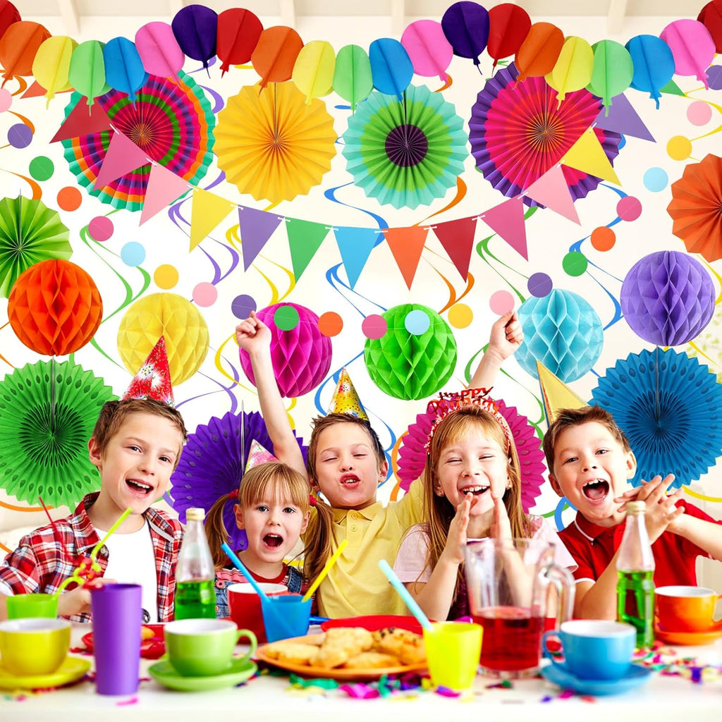 Fiesta Party Decorations - Easy to Assemble Multicolored Paper Fan Honeycomb Ball Garland Hanging Swirl for Mexican Party Cinco De Mayo Taco Themed Party Decorations Birthday Rainbow Parties