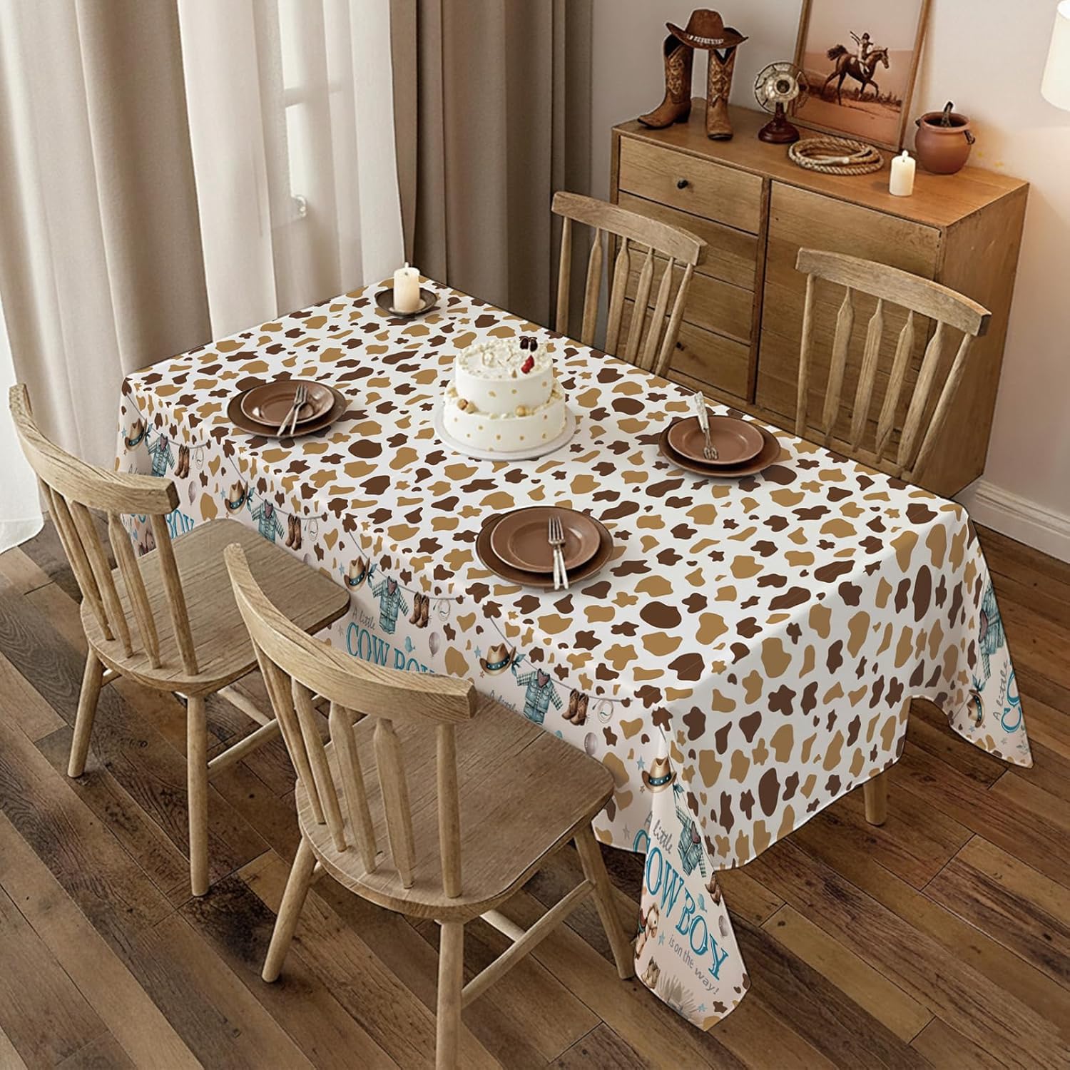 ATFUNSHOP Cowboy Baby Shower Tablecloth 4 Pack 54X108 A Little Cowboy is On The Way Western Theme Table Cover, Rustic Baby Boy Rodeo Party Decorations