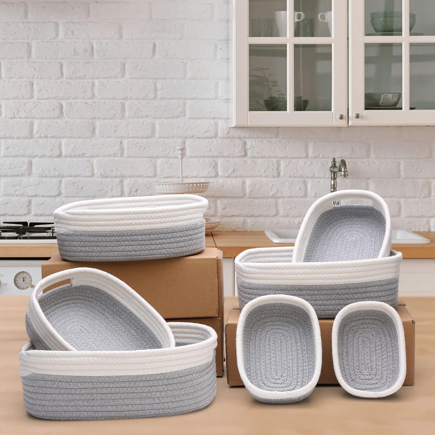 7 Piece Cotton Rope Woven Basket Set - Small Basket for Baby Nursery, Pets, Montessori, Dog & Cat Toy Boxes, Bathroom Organization Bins (White/Gray)