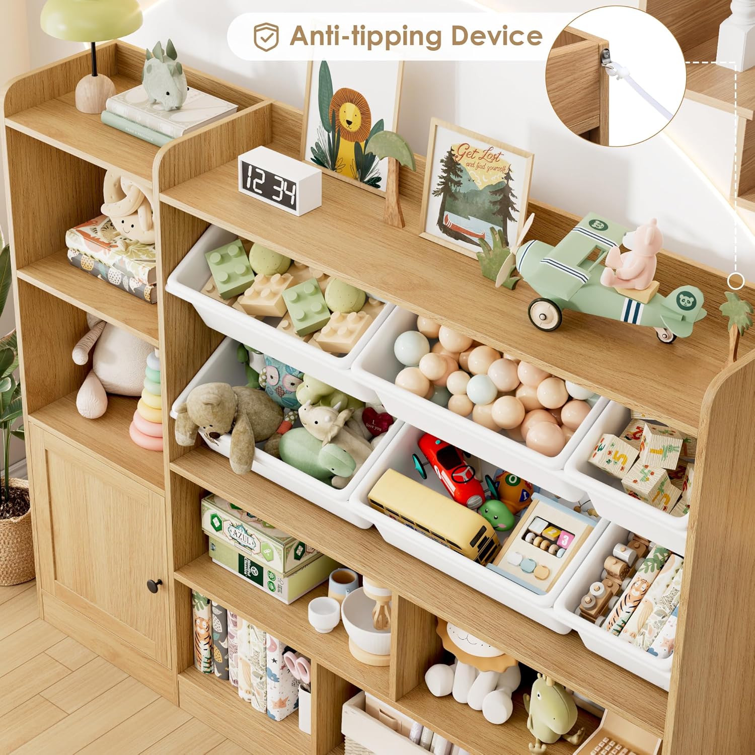 Toy Storage Organizer, 55” Wide Toy Organizers and Storage with 8 Storage Cubbies & 6 Toy Bins, Large Toy Box with Bookshelf, Playroom Storage for Playroom, Oak