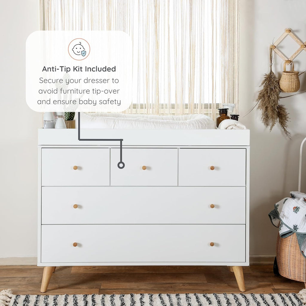 dadada Austin 5-Drawer Dresser for Nursery and Bedroom - Modern Design, Large Storage, Baby-Safe Finish, Anti-Tip Safety, Solid Wood Feet, Durable Construction (White+Natural)