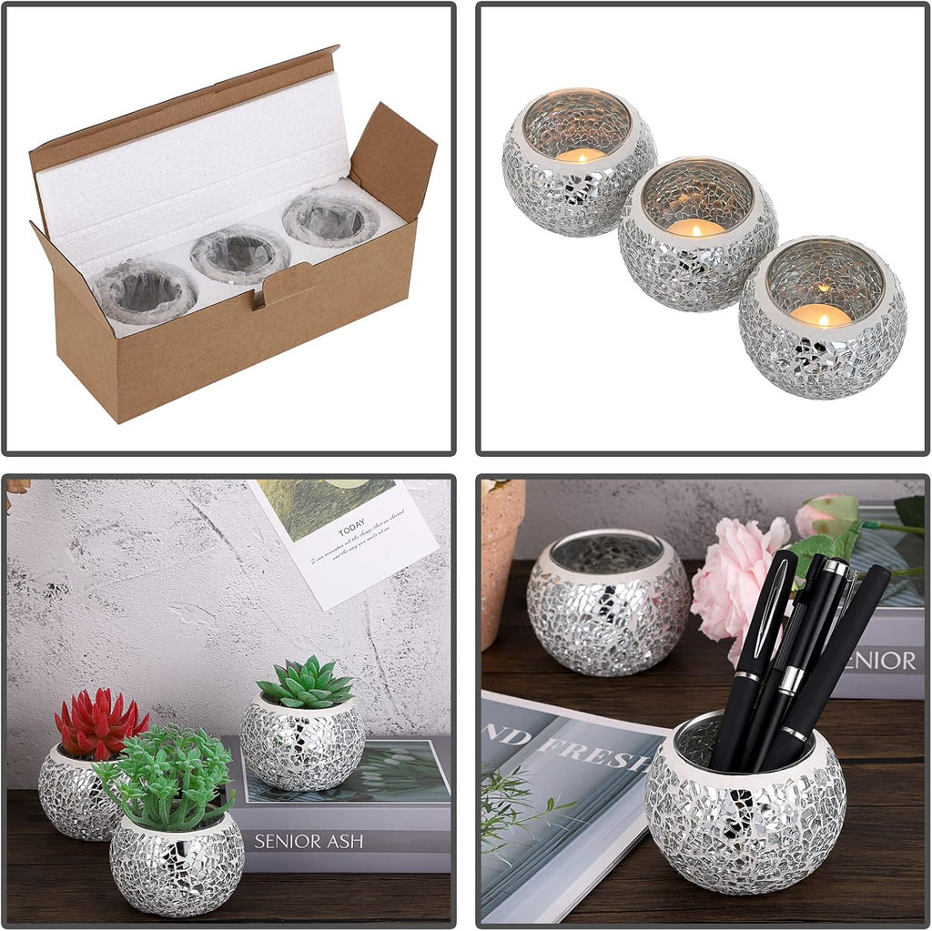 OwnMy 3PCS Mosaic Glass Tea Light Holders Round Bowl Votive Candle Holders Pillar Candle Stands, Silver Glass Mosaic Tealight Holders Potted Plant Bowl Vase Candle Centerpiece for Dining Table Wedding