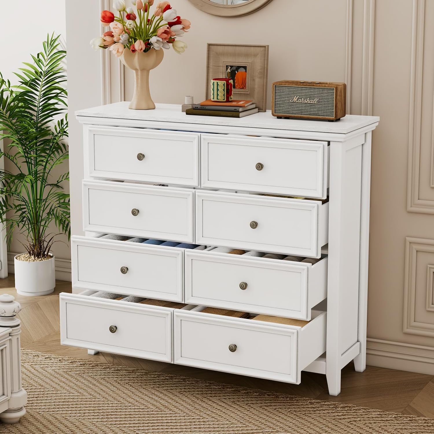 BLANKSPACE White 8 Drawer Dresser, Modern Dresser for Bedroom, Wood Drawer Organizer with Metal Knobs, Large Capacity Cabinet for Bedroom, Hallway