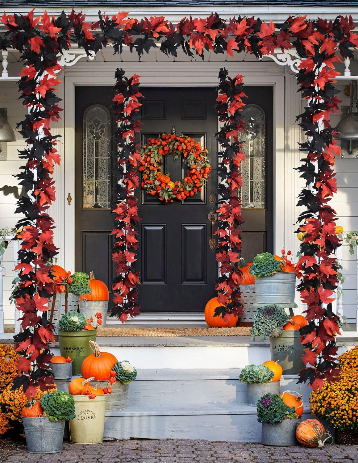 DearHouse 2 Pack Fall Maple Leaf Clearance, 5.9Ft/Piece Halloween Maple Foliage Garland Black and Red Autumn Decor for Home Fireplace Party