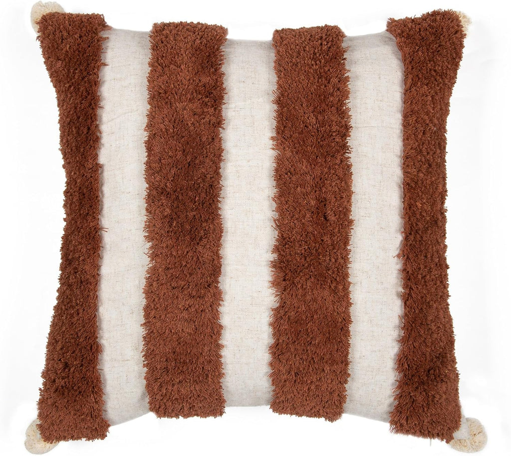 Boho Pillow Covers 18X18 Inch Boho Tufted Linen Throw Pillow Covers Decorative Pompoms Cushion Cover Farmhouse Pillow Case for Couch Sofa Bed Living Room Bedroom,Dark Rust