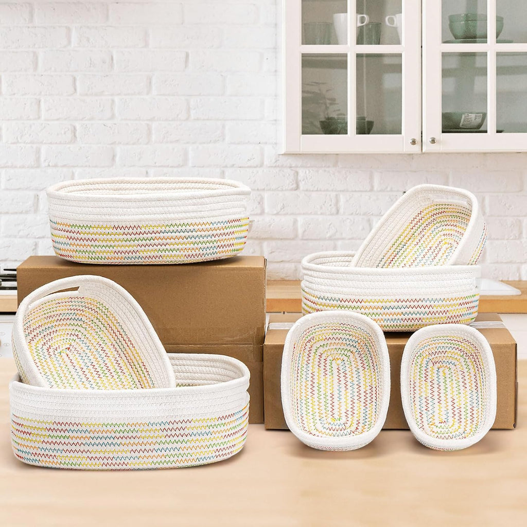 7 Piece Cotton Rope Woven Basket Set - Small Basket for Baby Nursery, Pets, Montessori, Dog & Cat Toy Boxes, Bathroom Organization Bins (White/Rainbow Stitching)