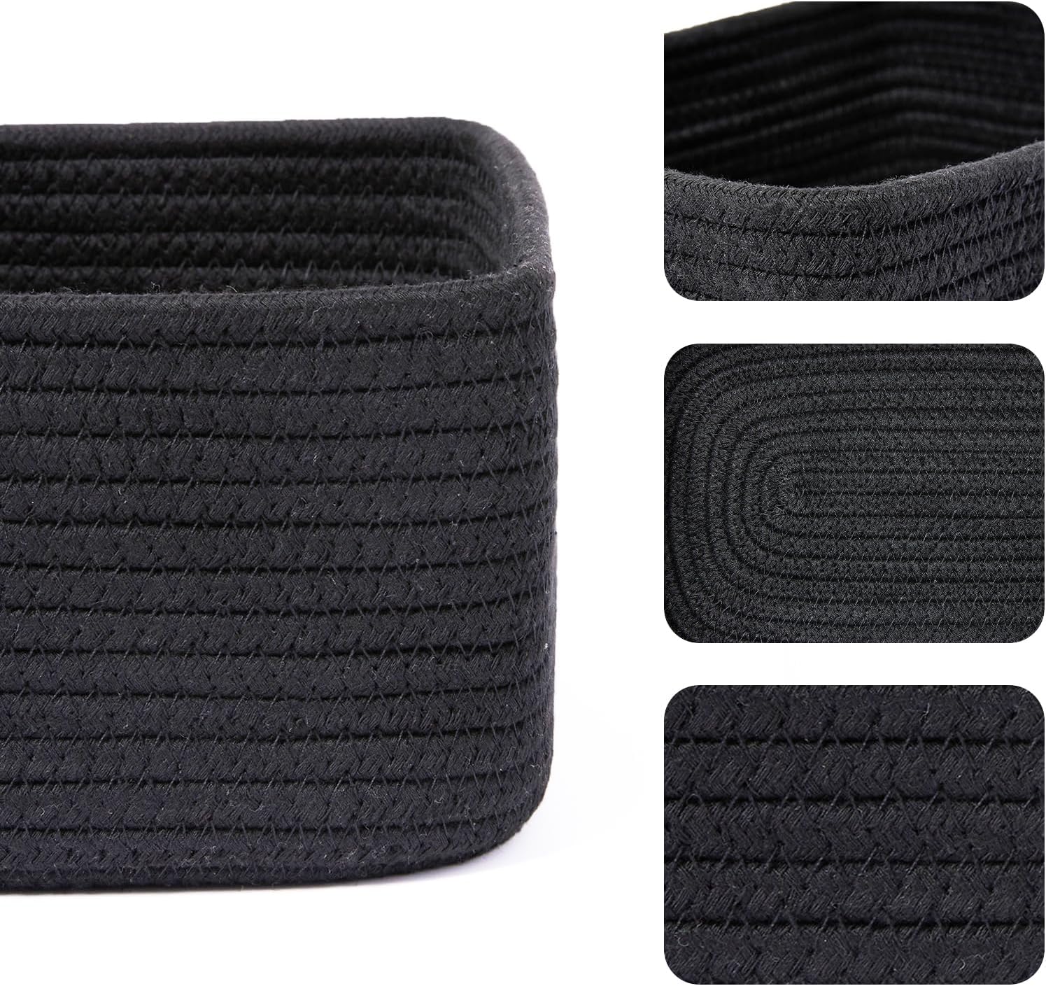 Small Storage Baskets for Organizing | Closet Organizer Bins | Shelf Toy Basket | Woven Rope Baskets | Cube Decorative Box | Shallow Basket | 11.5x7.5x4.7” | 4 Packs Black