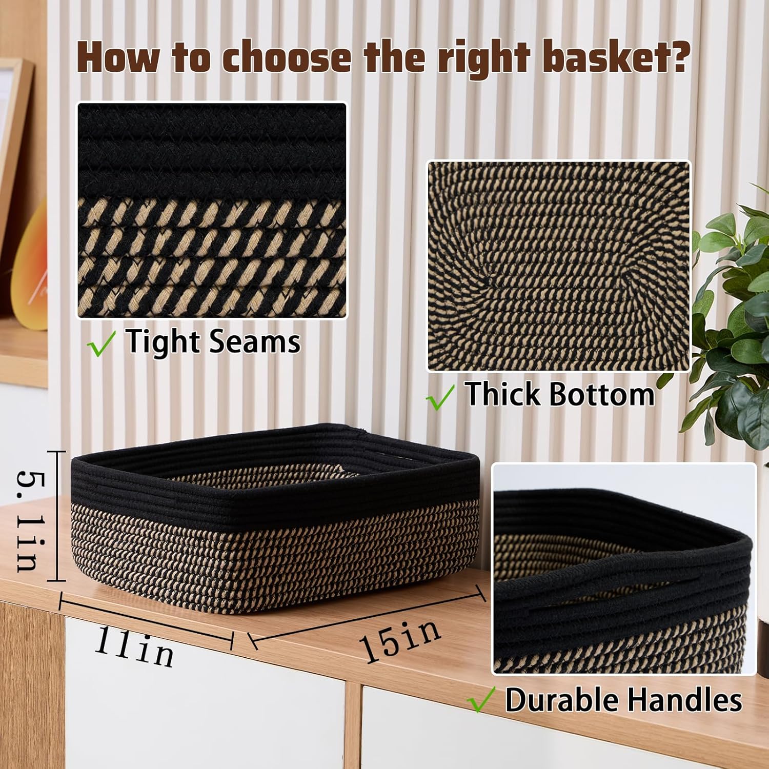 Large Shallow Organizing Baskets 15x11x5.1 Inches - Rope Woven Storage Bins for Bathroom, Shelves, Cube Closet, Black Woven Brown 2 Packs