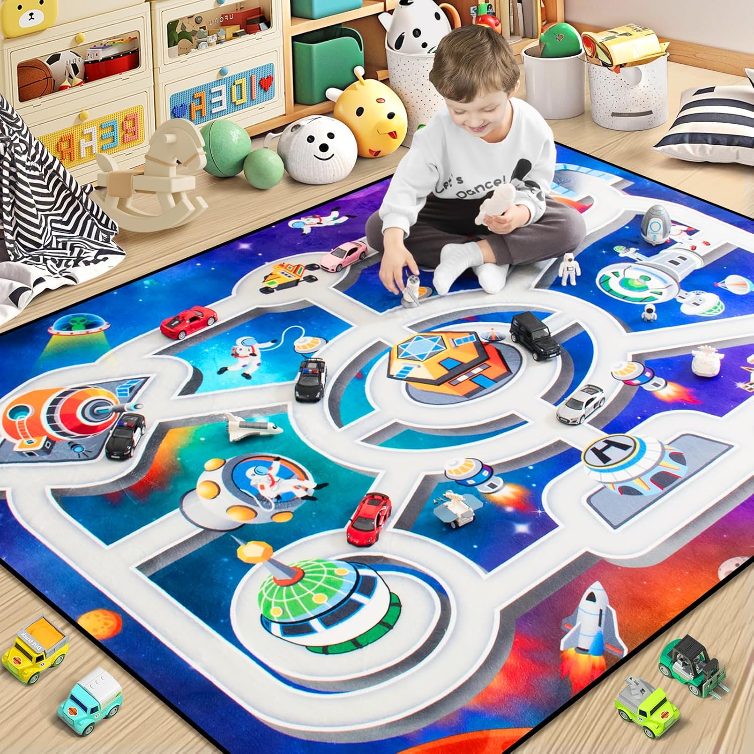 Kids Rug, Space Themed Baby Play Mat, 5x7 Ft Playroom Rug, Colorful Cartoon Outer Space, Planet, Rocket, Spaceship Road Carpet for Playroom, Educational Learning Carpet for Kids Mat