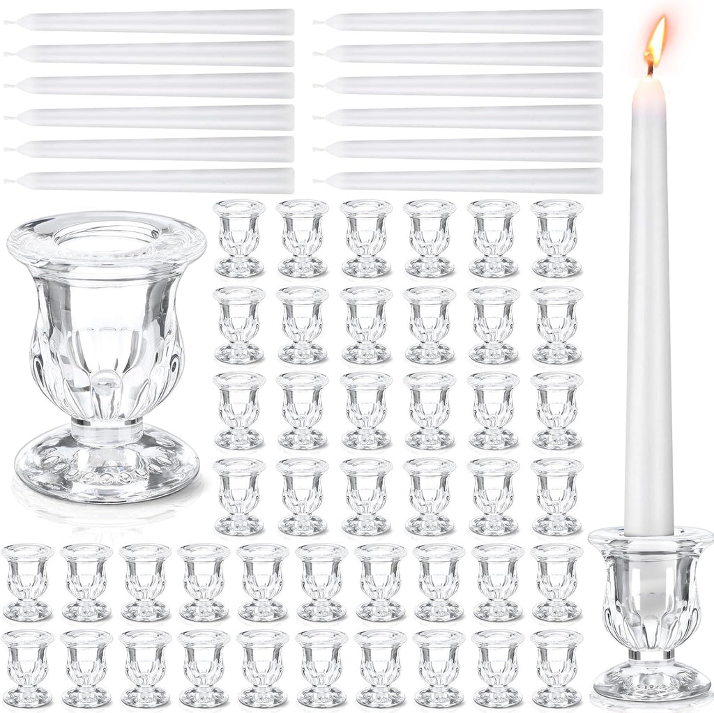 96 Pcs Glass Taper Candle Holders Bulk 2. 5 Inch Clear Candlestick Holder with Long Tapered Candles Candle Sticks Set for Table Centerpiece Wedding Christmas Party Decoration