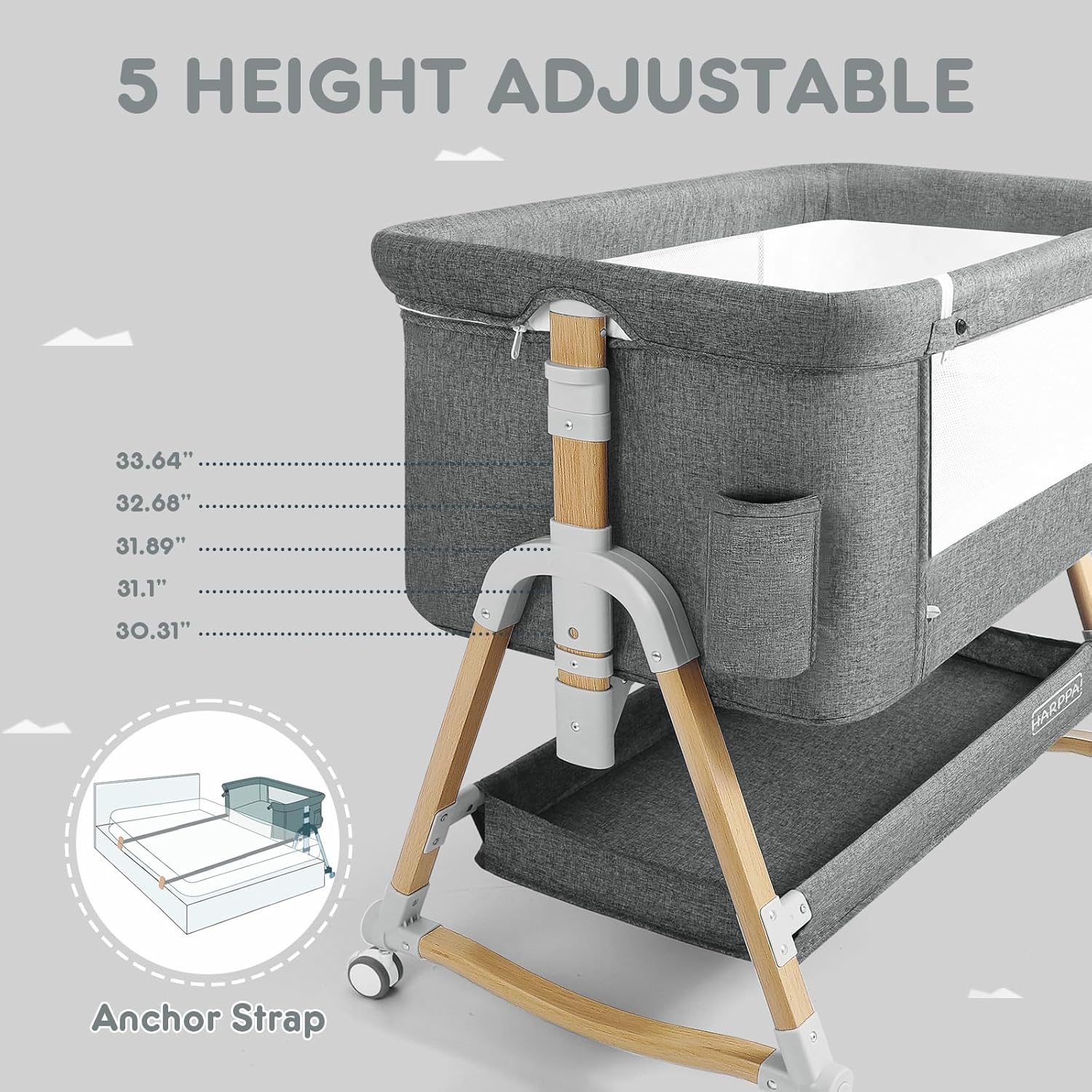 HARPPA Cuddly Bassinet, 3 in 1 Baby Bassinet Bedside Sleeper, Bedside Crib with Mattress and Wheels, Breathable Mesh, 5 Height Adjustable, Anchor Strap (Wood Grain, Grey)