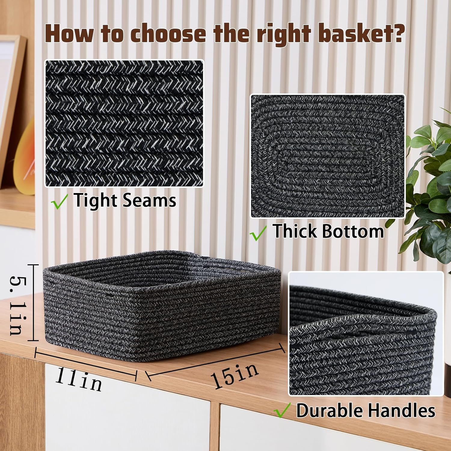 Large Shallow Organizing Baskets 15x11x5.1 Inches - Rope Woven Storage Bins for Bathroom, Shelves, Cube Closet, Mixed Black 2 Packs