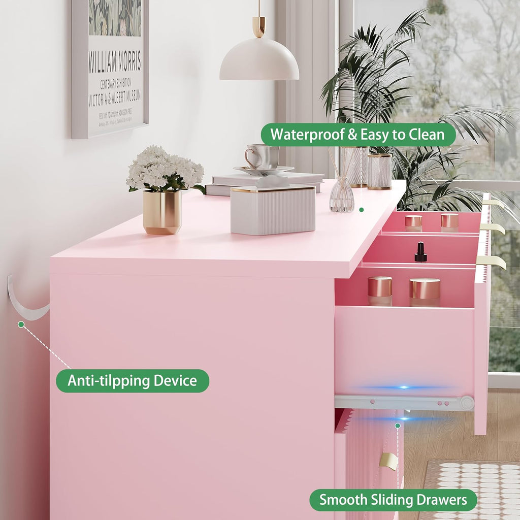 Fluted Dresser for Bedroom with 9 Drawers, 57" Wide Modern Chest of Drawers with Metal Handle, Wooden Dresser TV Stand, Wood Closet Clothes Storage Organizer for Living Room, Hallway, Pink