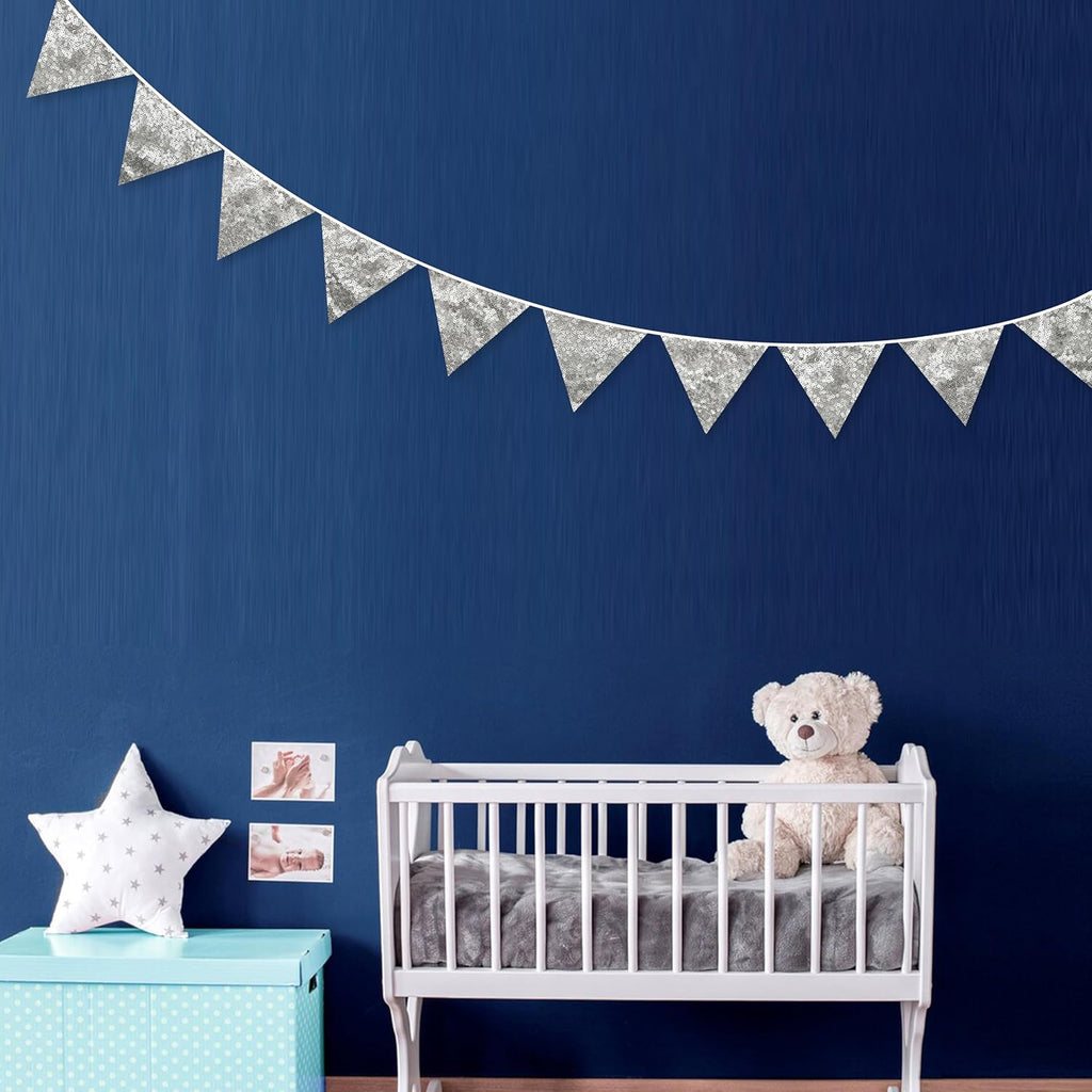 Pinkblume Double Sided Sequin Fabric Triangle Pennant Banner Flag Bunting Garland for Silver Theme Nursery Classroom Home Bedroom Wall Holiday Christmas Decor