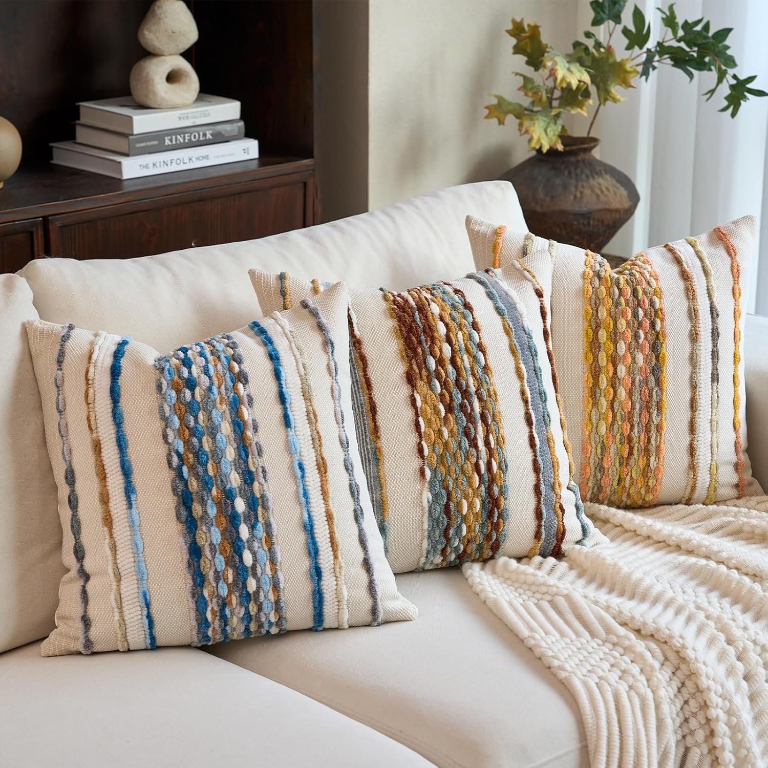 Aeckself Boho Pillow Covers 18x18 Inch Set of 2, Farmhouse Decorative Striped Square Chenille Tufted Accent Neutral Throw Pillow Covers for Living Room Couch Bed, Orange White